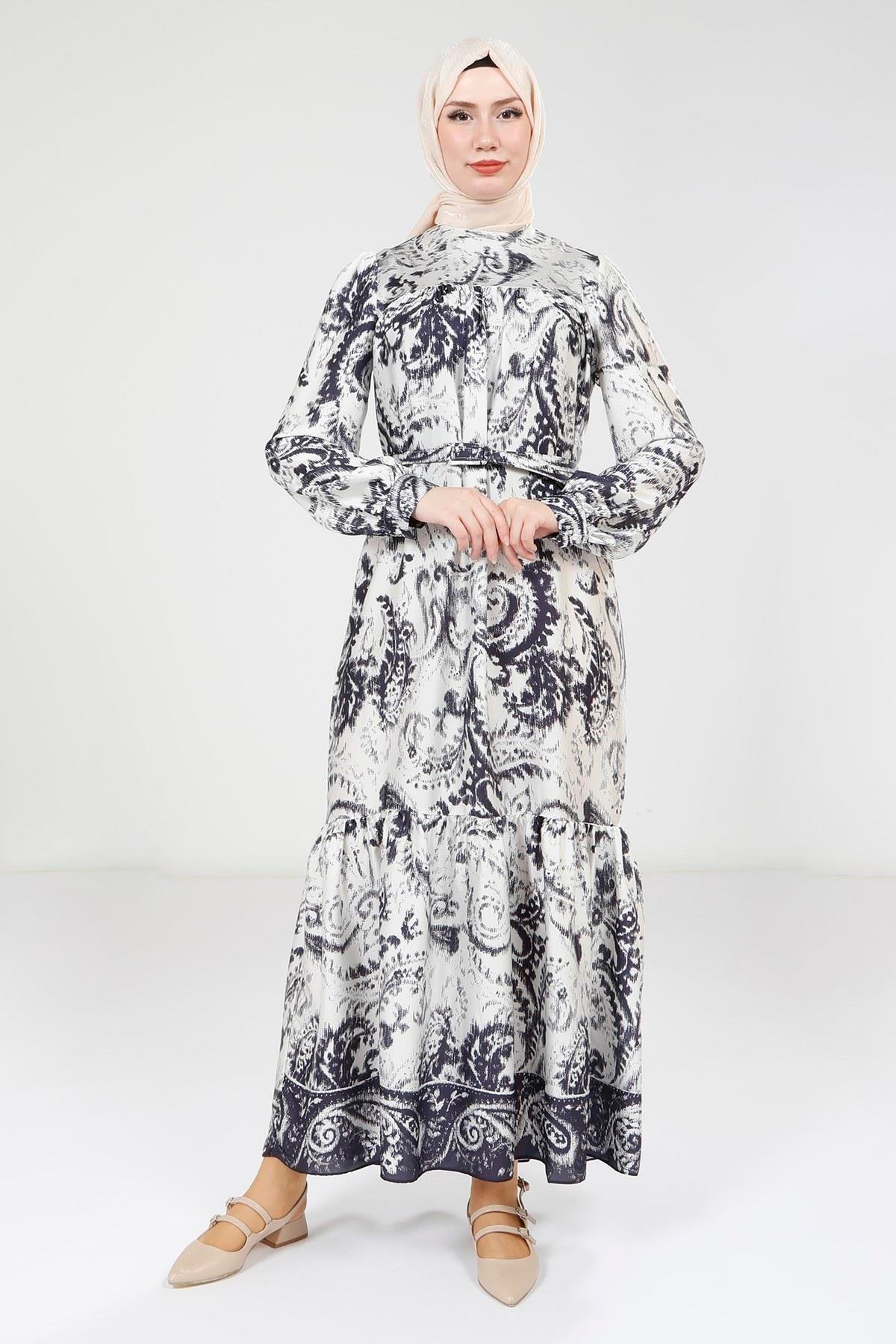 Beyza-Beyza Baskılı Kemerli Lacivert Elbise 9387