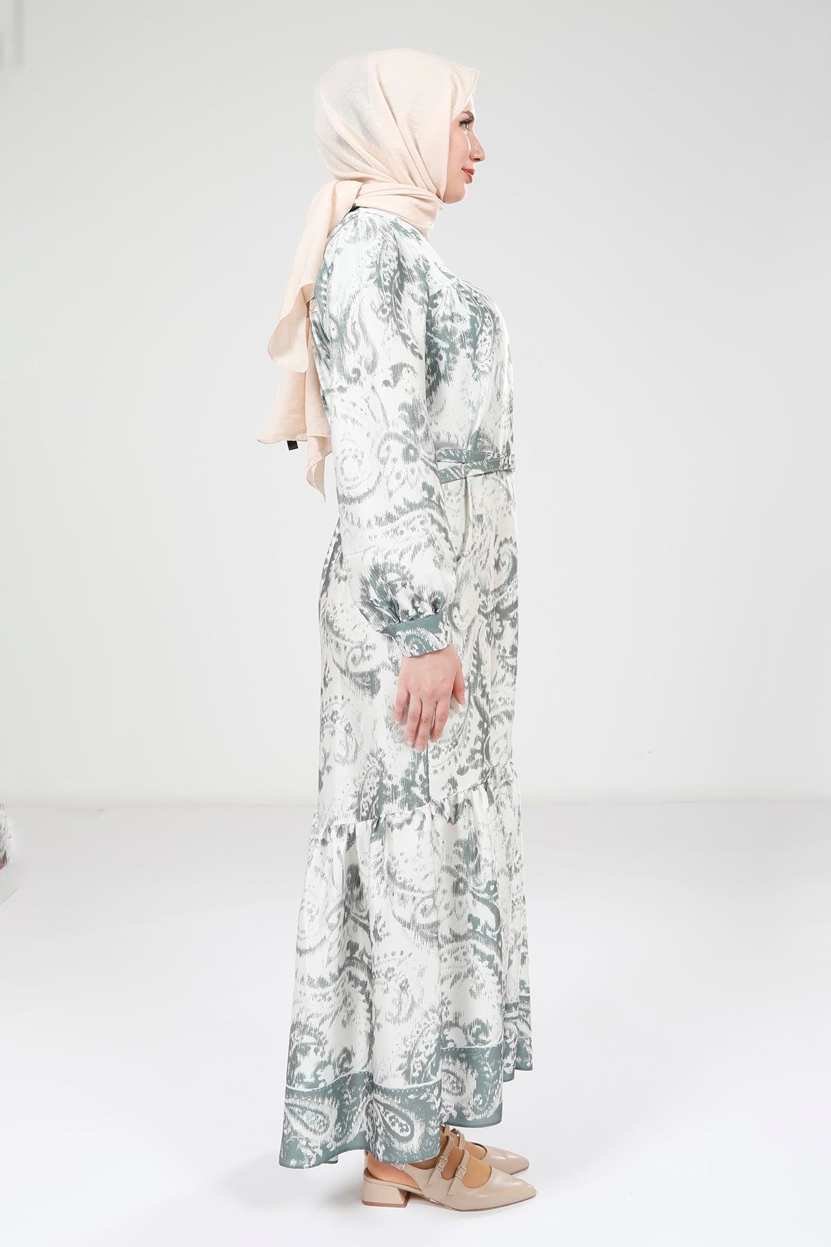 Beyza-Beyza Baskılı Kemerli Yeşil Elbise 9387