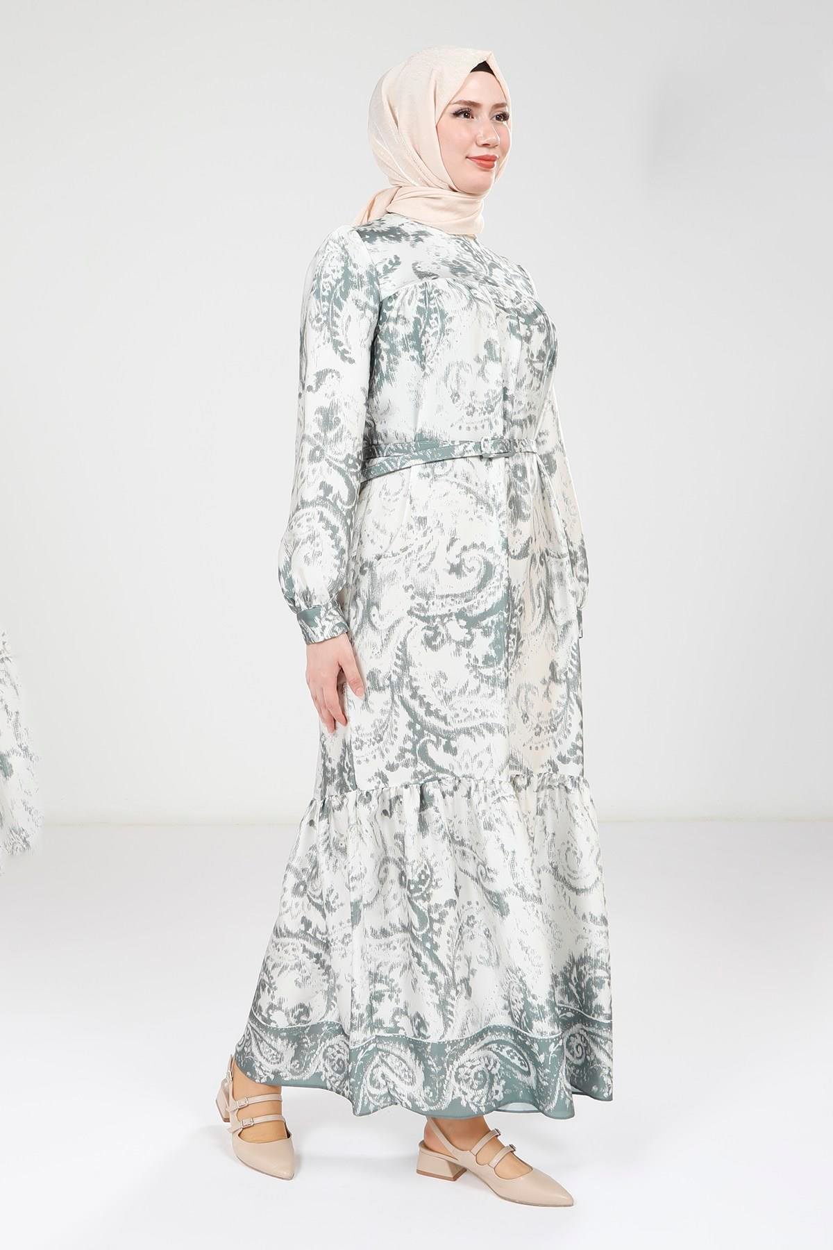 Beyza-Beyza Baskılı Kemerli Yeşil Elbise 9387