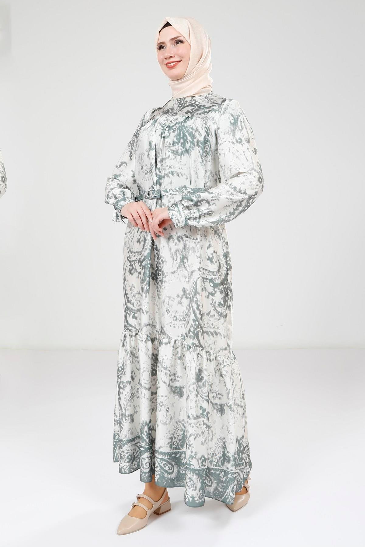 Beyza-Beyza Baskılı Kemerli Yeşil Elbise 9387