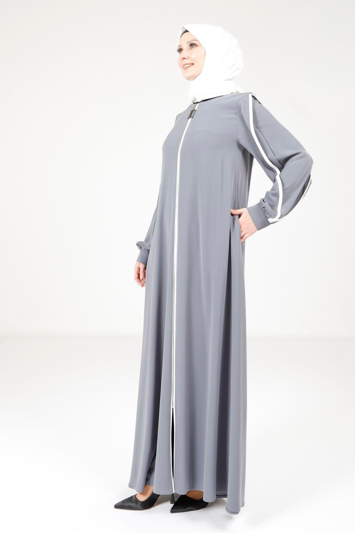 Beyza-Beyza Biye Detaylı Gri Renk Ferace 9327