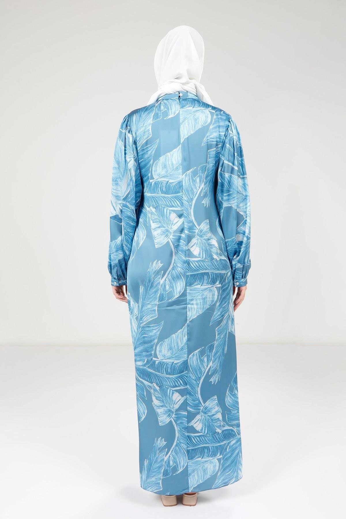 Beyza-Beyza Boynu Kuşak Detaylı Baskılı Mavi Elbise 9388