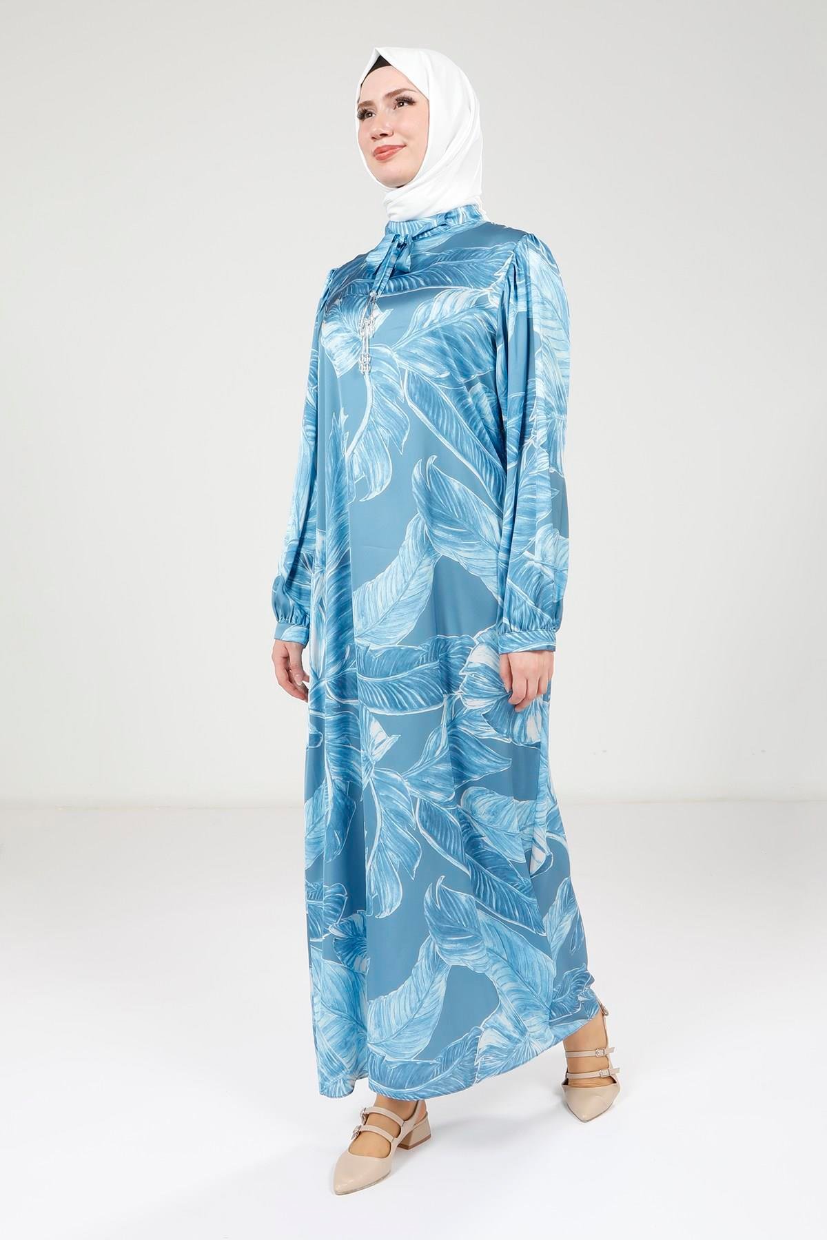 Beyza-Beyza Boynu Kuşak Detaylı Baskılı Mavi Elbise 9388