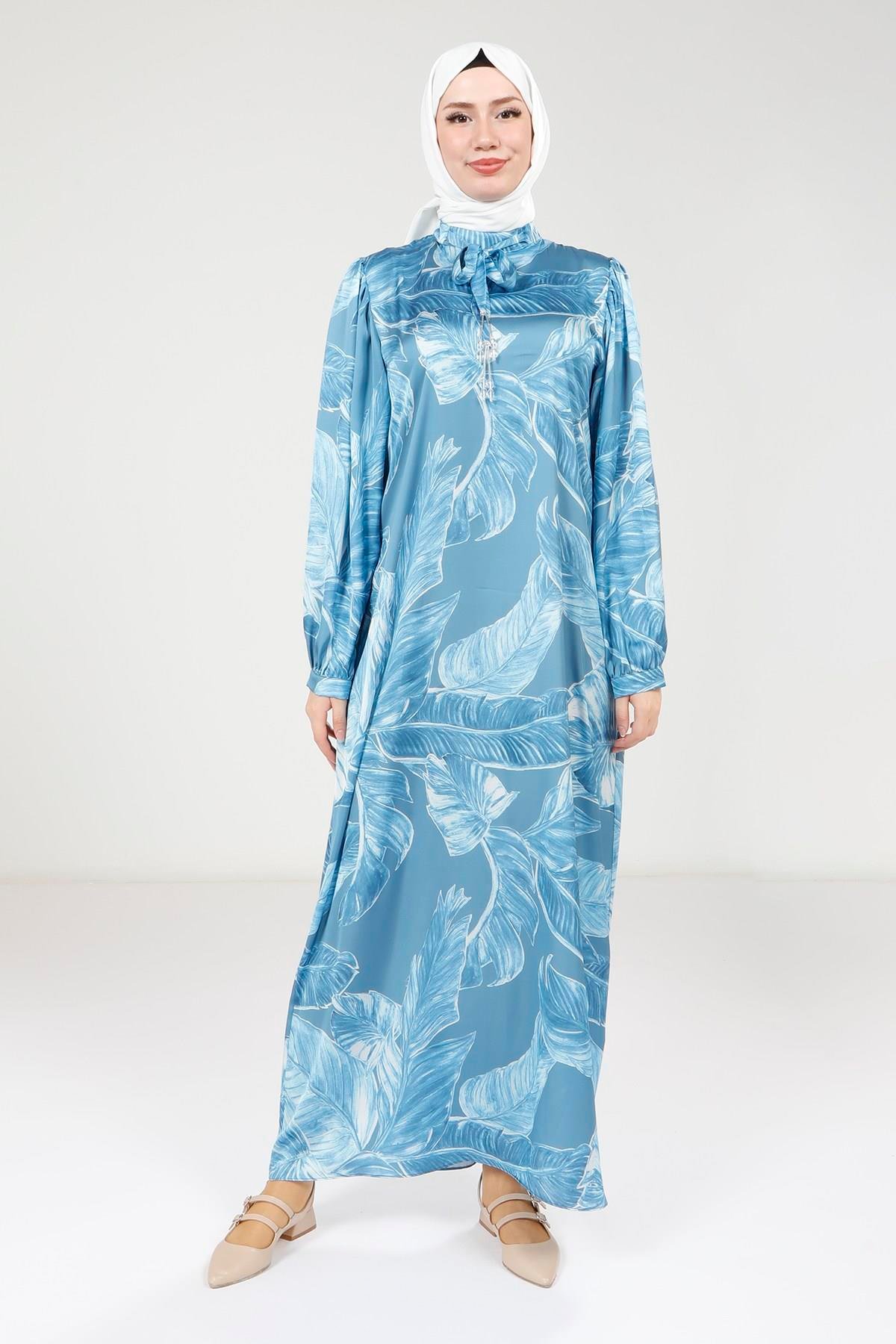 Beyza-Beyza Boynu Kuşak Detaylı Baskılı Mavi Elbise 9388