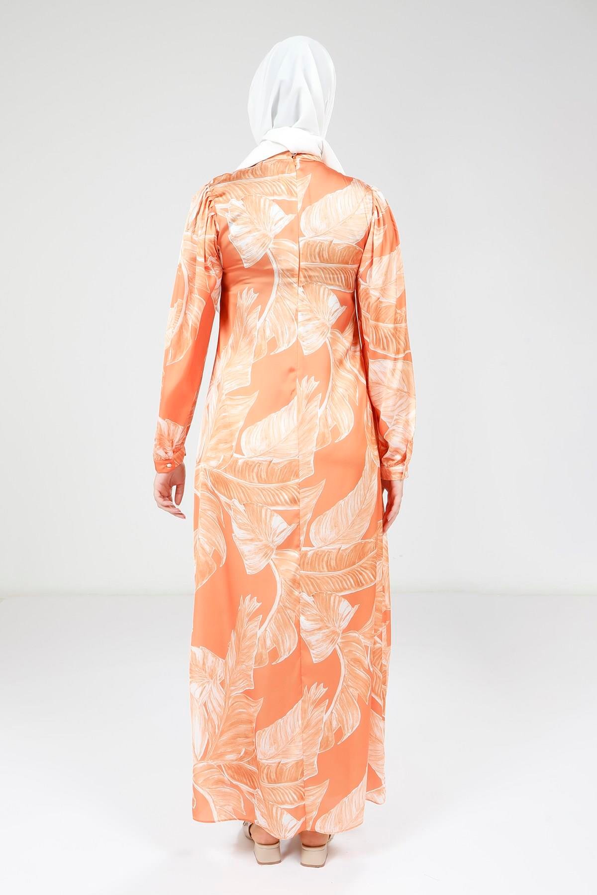 Beyza-Beyza Boynu Kuşak Detaylı Baskılı Turuncu Elbise 9388