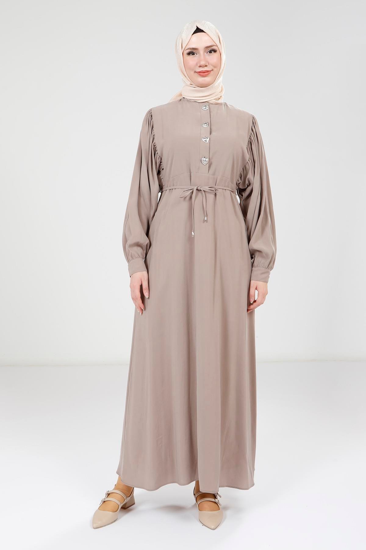 Beyza-Beyza Düğme Detaylı Bej Modal Elbise 9174
