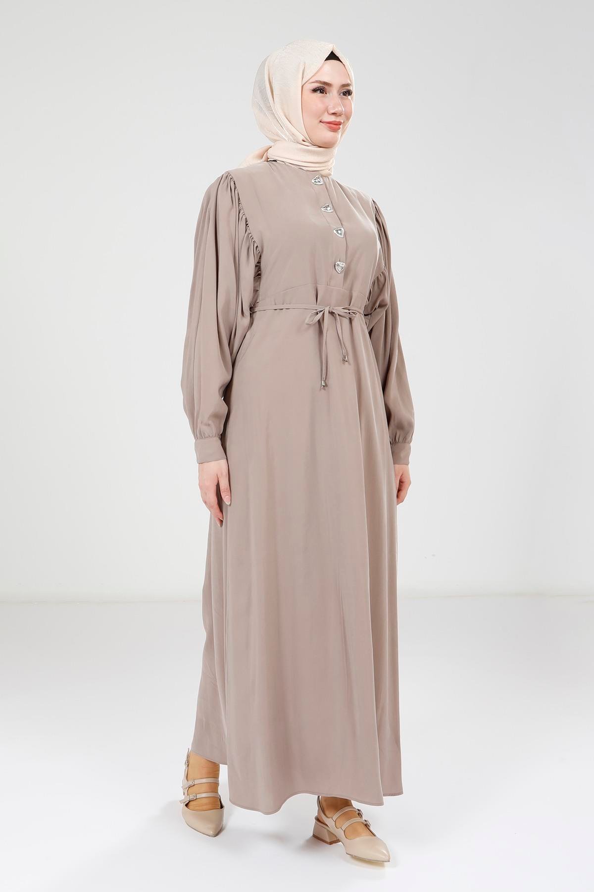 Beyza-Beyza Düğme Detaylı Bej Modal Elbise 9174