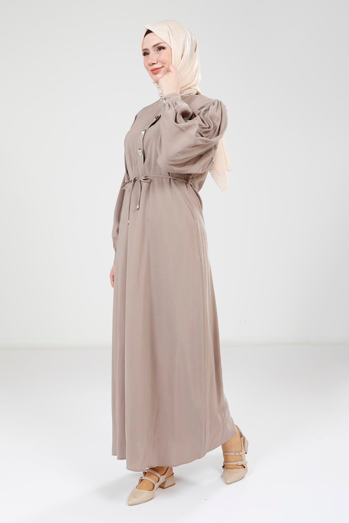 Beyza-Beyza Düğme Detaylı Bej Modal Elbise 9174