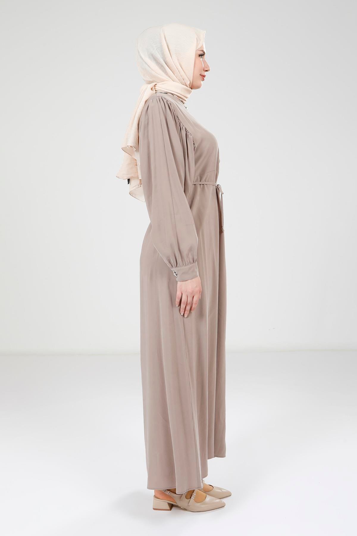 Beyza-Beyza Düğme Detaylı Bej Modal Elbise 9174