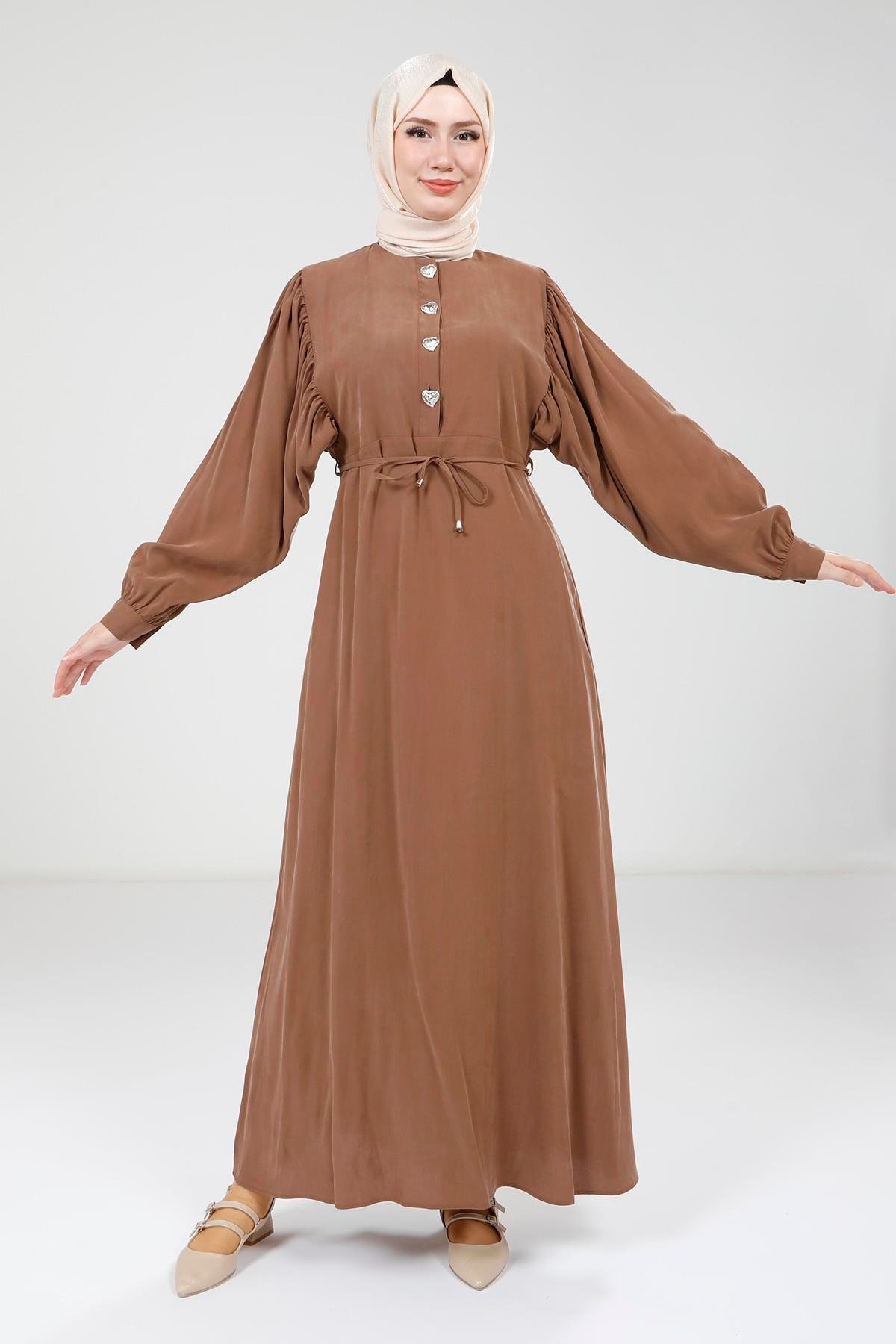 Beyza-Beyza Düğme Detaylı Kahve Renk Modal Elbise 9174