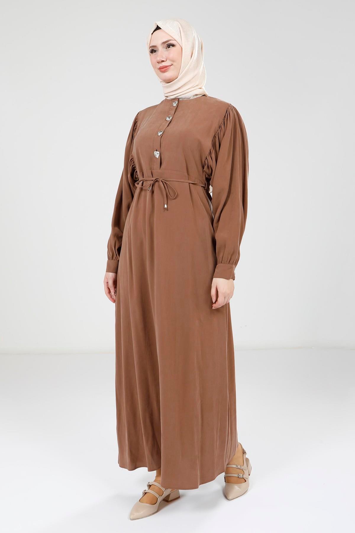 Beyza-Beyza Düğme Detaylı Kahve Renk Modal Elbise 9174