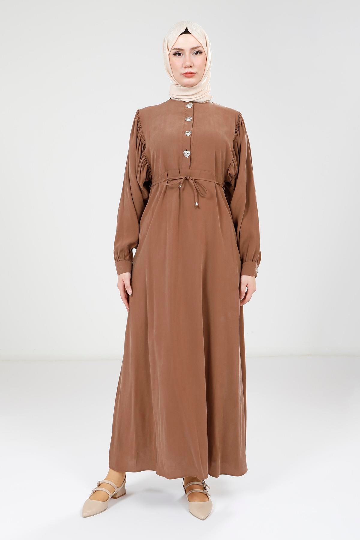 Beyza-Beyza Düğme Detaylı Kahve Renk Modal Elbise 9174