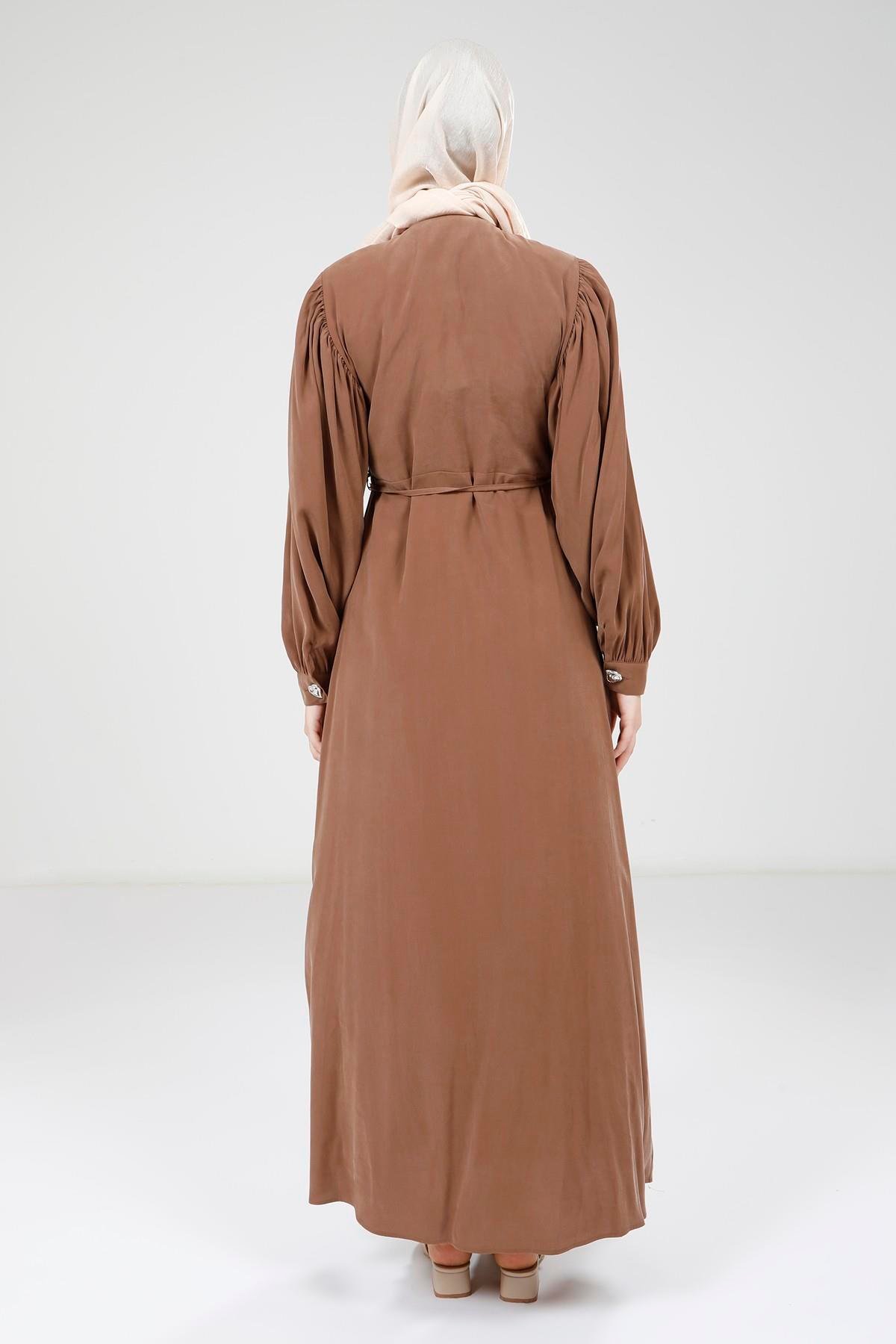 Beyza-Beyza Düğme Detaylı Kahve Renk Modal Elbise 9174