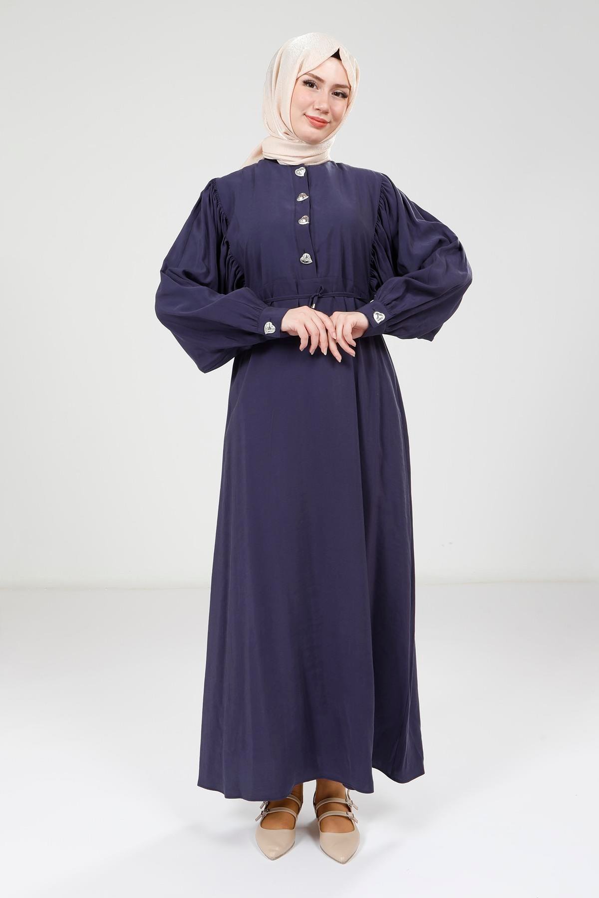 Beyza-Beyza Düğme Detaylı Lacivert Modal Elbise 9174