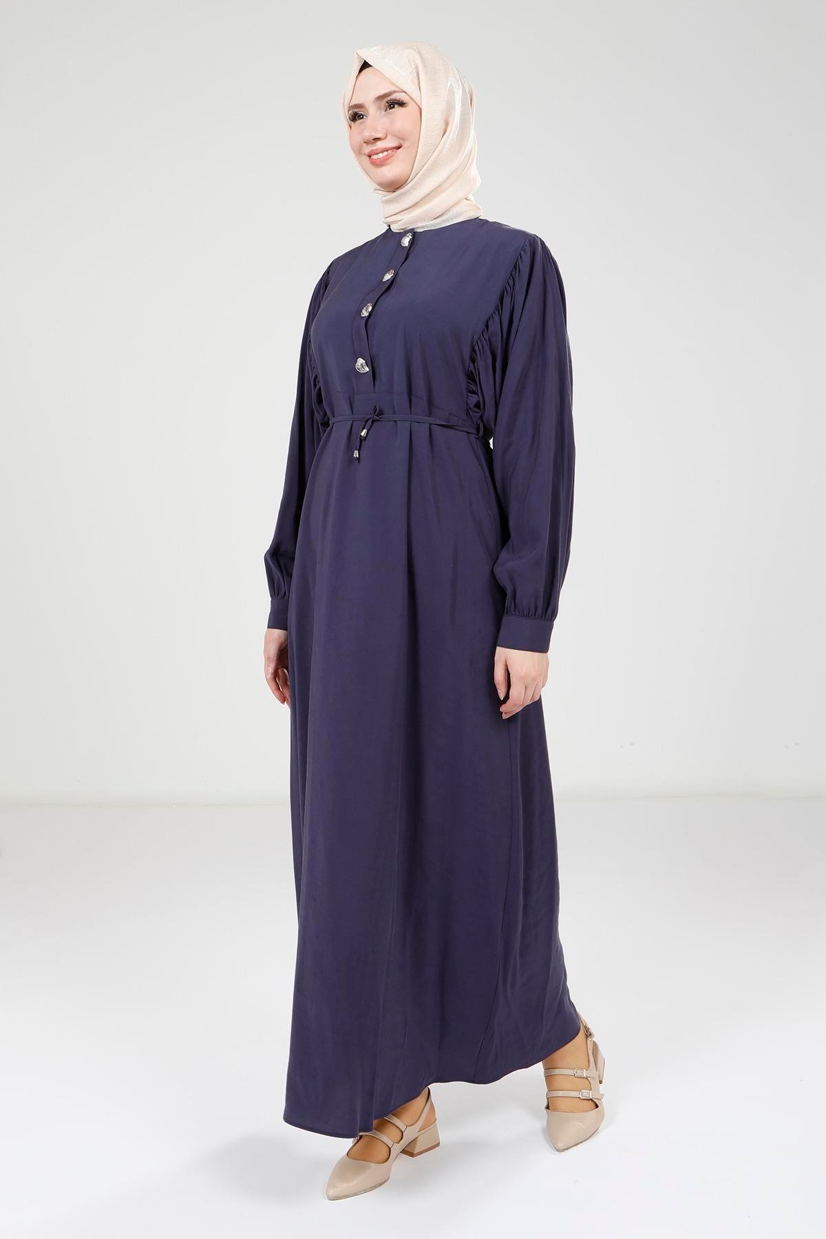 Beyza-Beyza Düğme Detaylı Lacivert Modal Elbise 9174