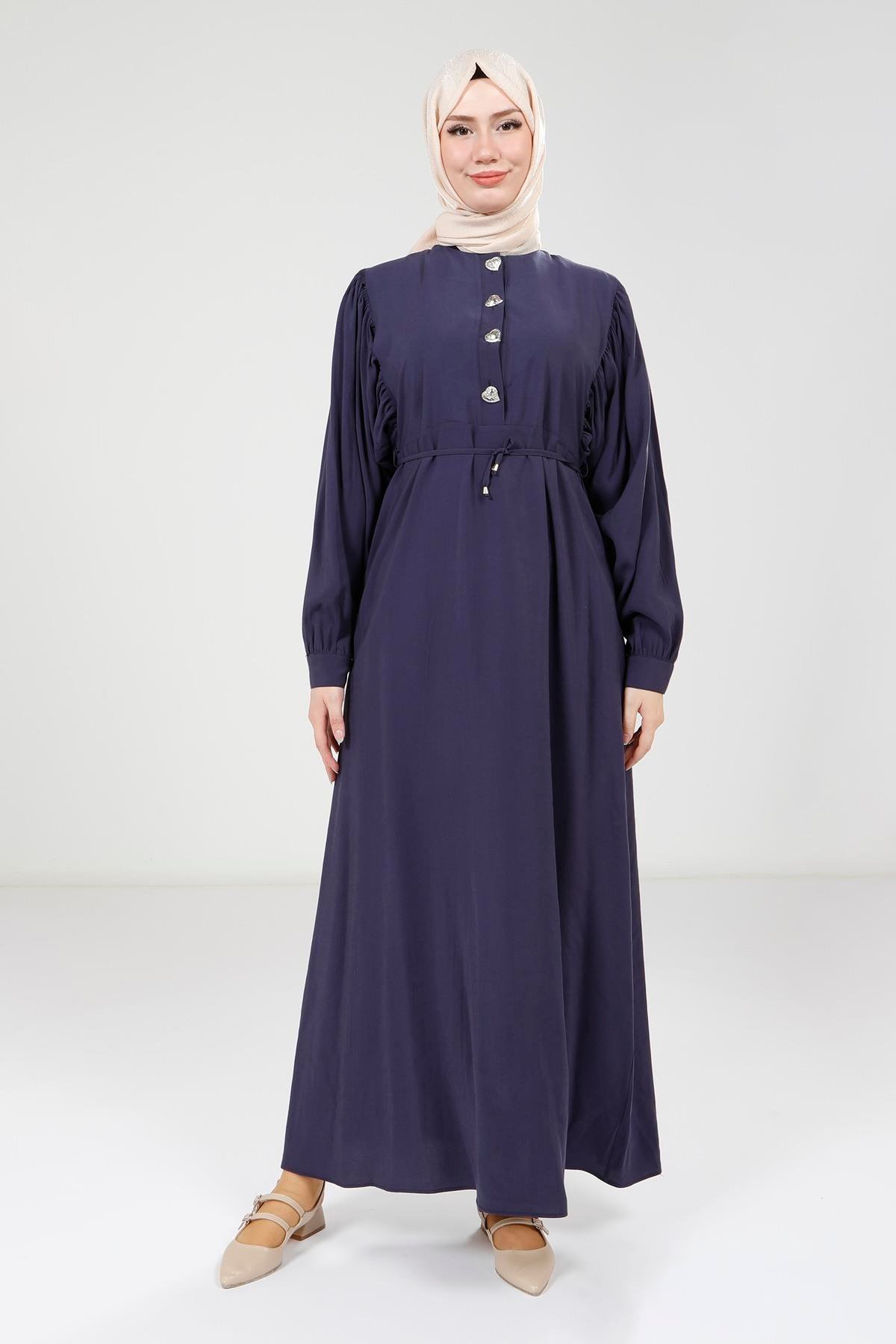 Beyza-Beyza Düğme Detaylı Lacivert Modal Elbise 9174