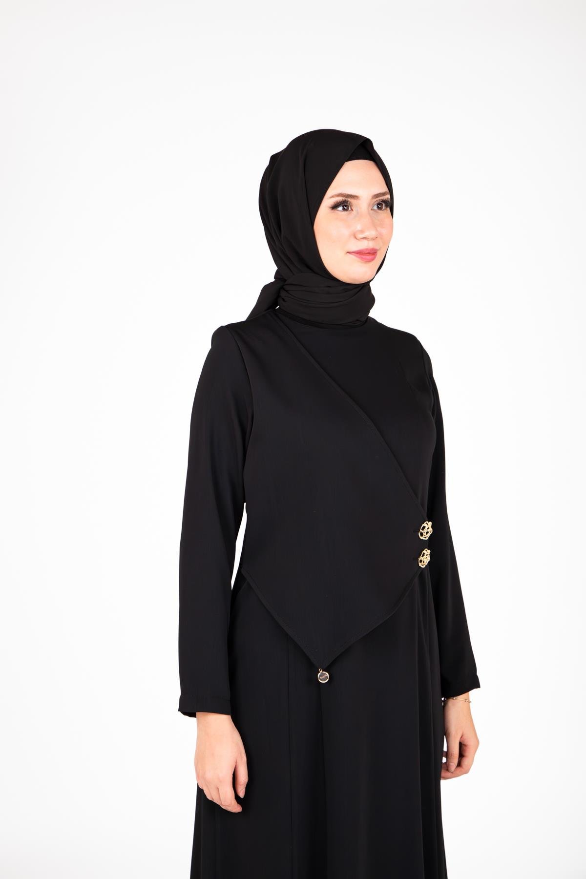 Beyza-Beyza Düğme Detaylı Siyah Elbise 9430