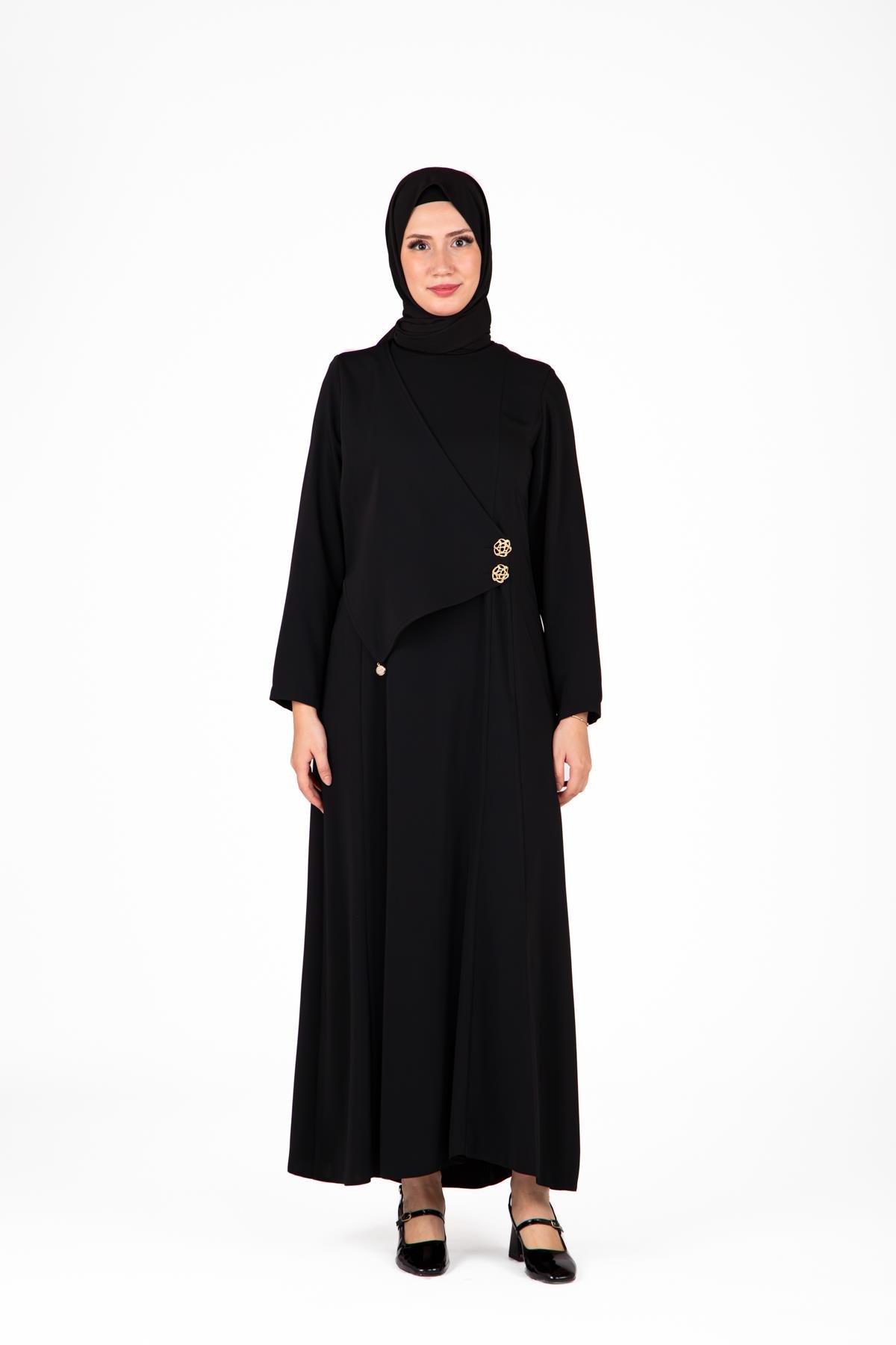 Beyza-Beyza Düğme Detaylı Siyah Elbise 9430