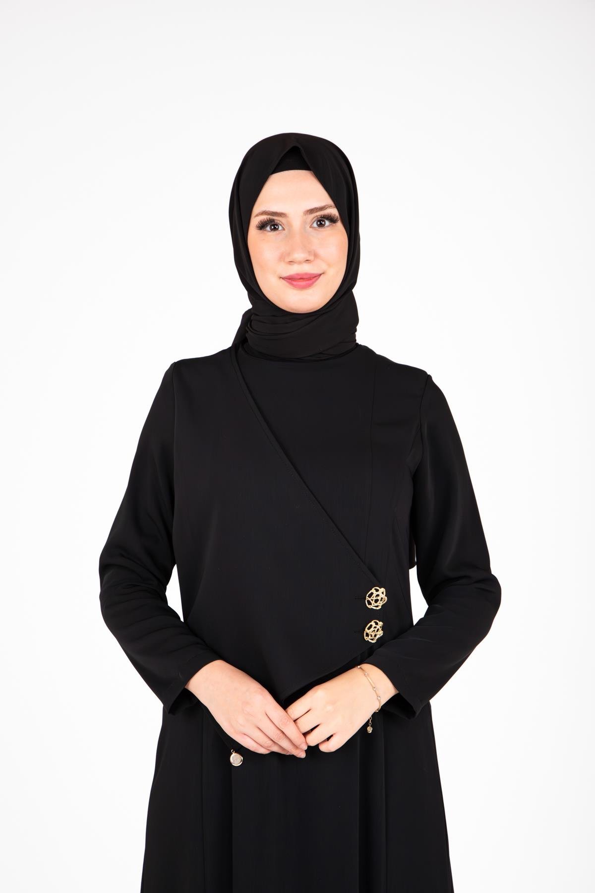 Beyza-Beyza Düğme Detaylı Siyah Elbise 9430