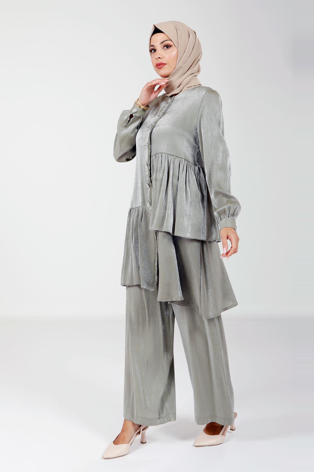 Beyza-4173 İKİLİ TAKIM BLUZ PANT YEŞİL