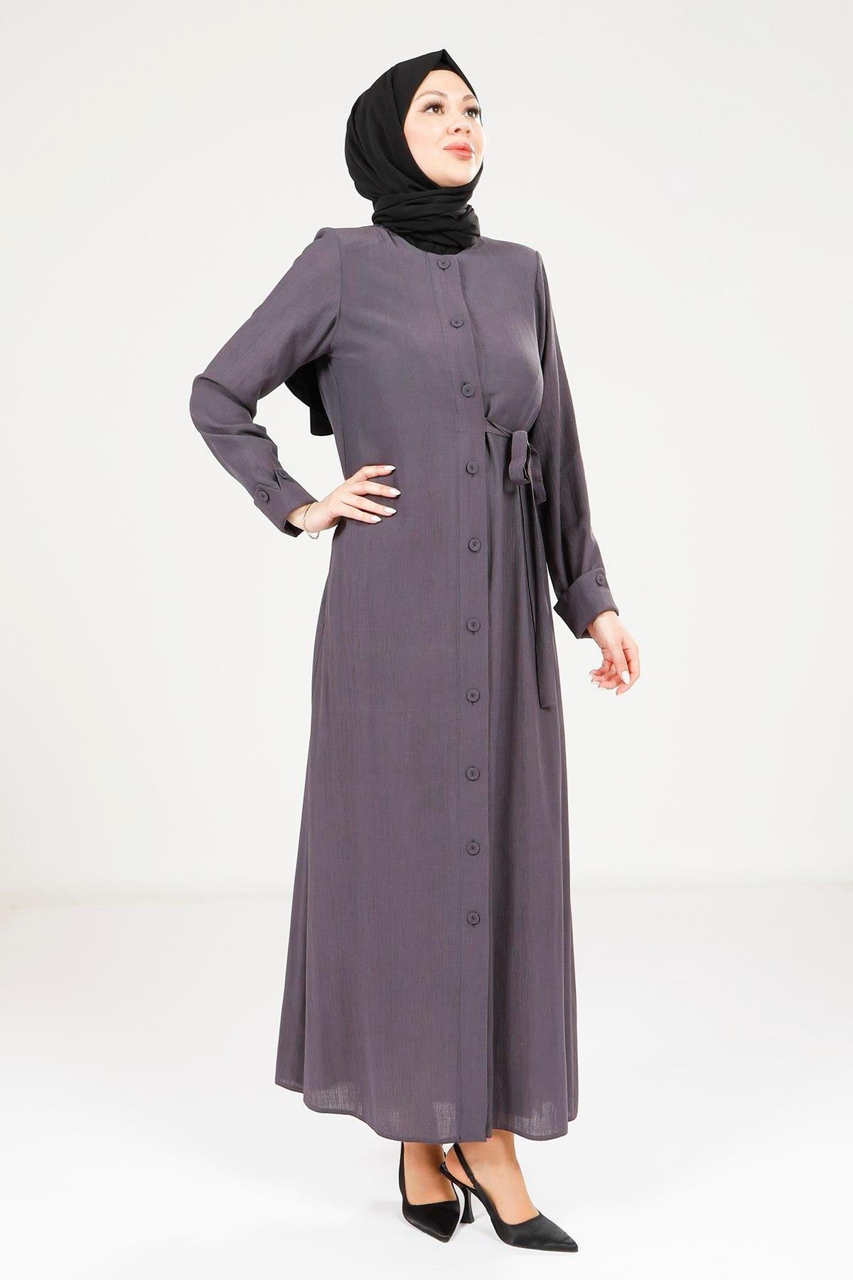 Beyza-9181 ELBİSE DÜĞMELİ KOYU GRİ