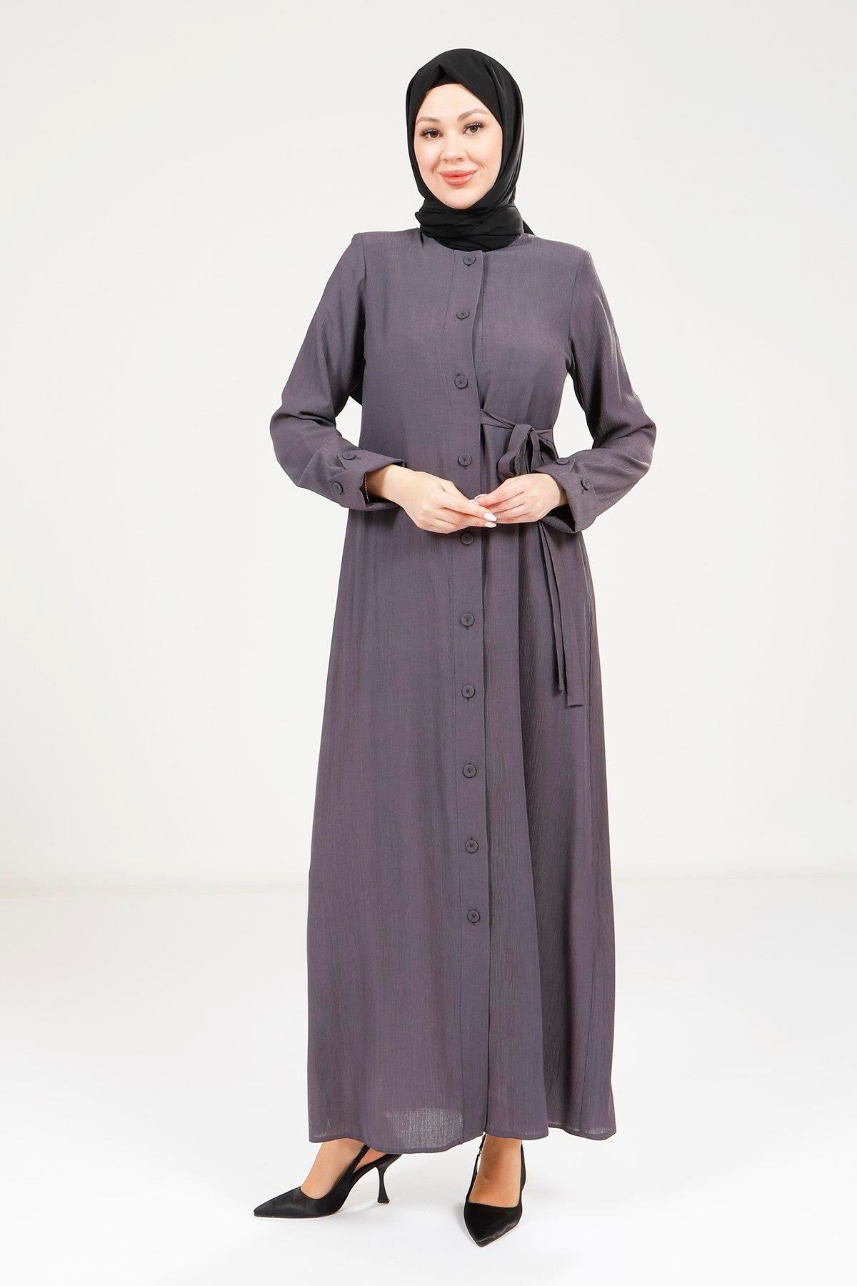 Beyza-9181 ELBİSE DÜĞMELİ KOYU GRİ