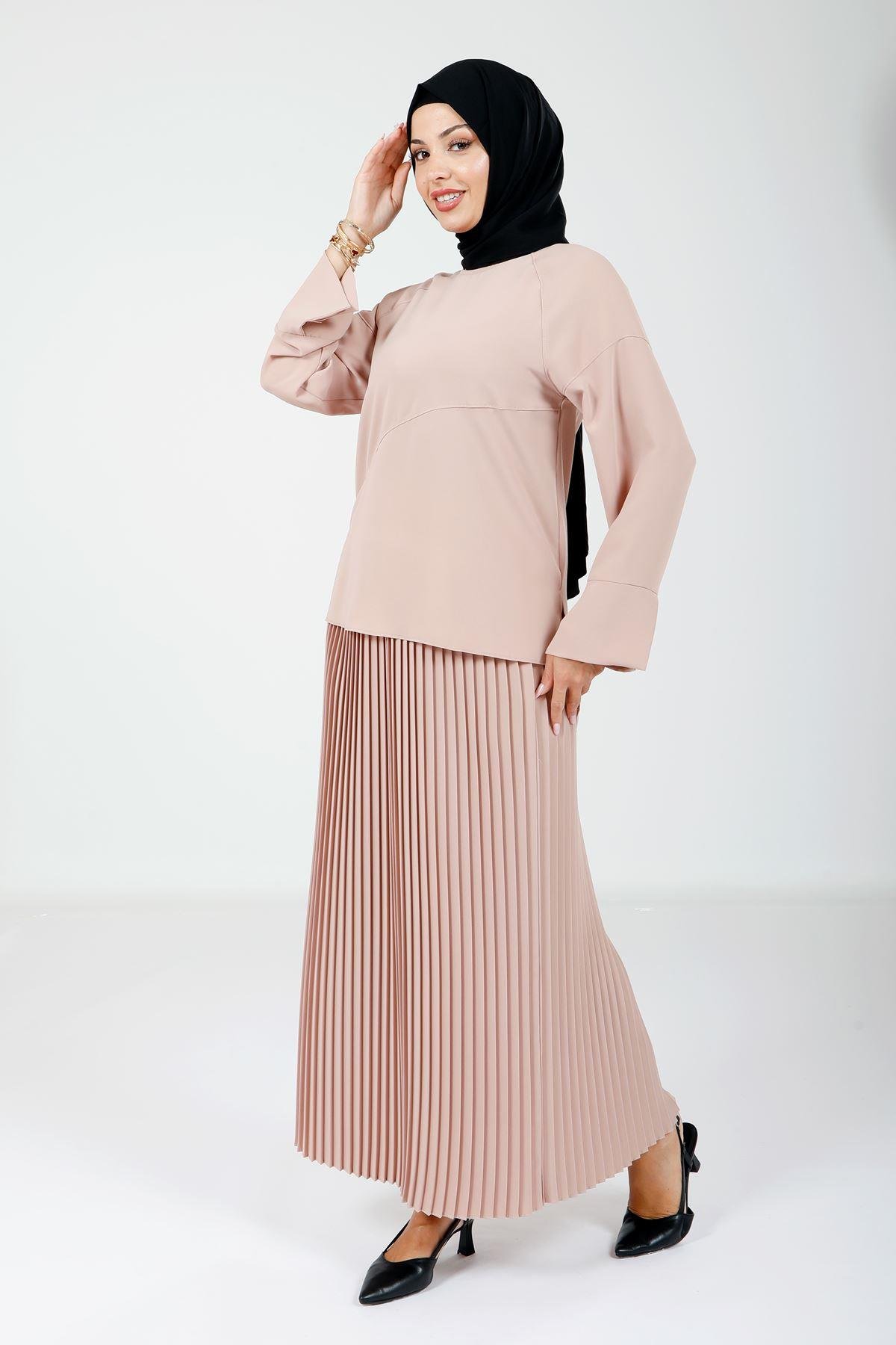 Beyza-4166 İKİLİ TAKIM BLUZ ETEK BİSKÜVİ