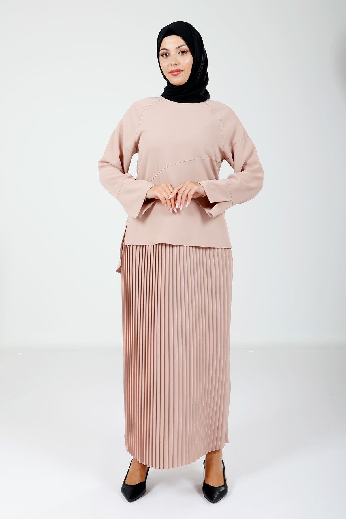 Beyza-4166 İKİLİ TAKIM BLUZ ETEK BİSKÜVİ