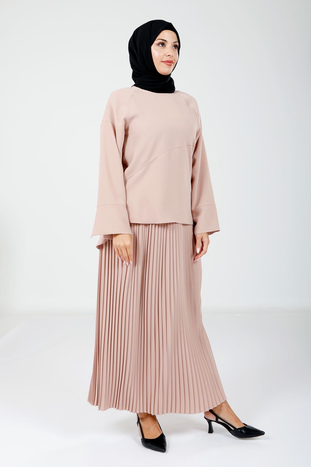 Beyza-4166 İKİLİ TAKIM BLUZ ETEK BİSKÜVİ