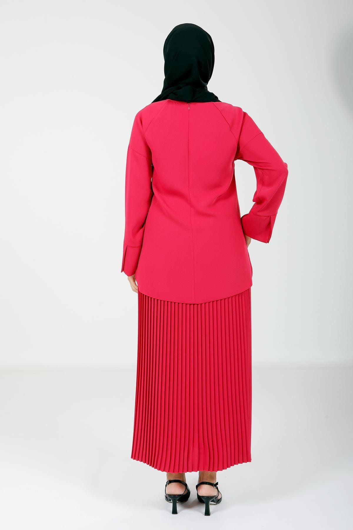 Beyza-4166 İKİLİ TAKIM BLUZ ETEK FUŞYA