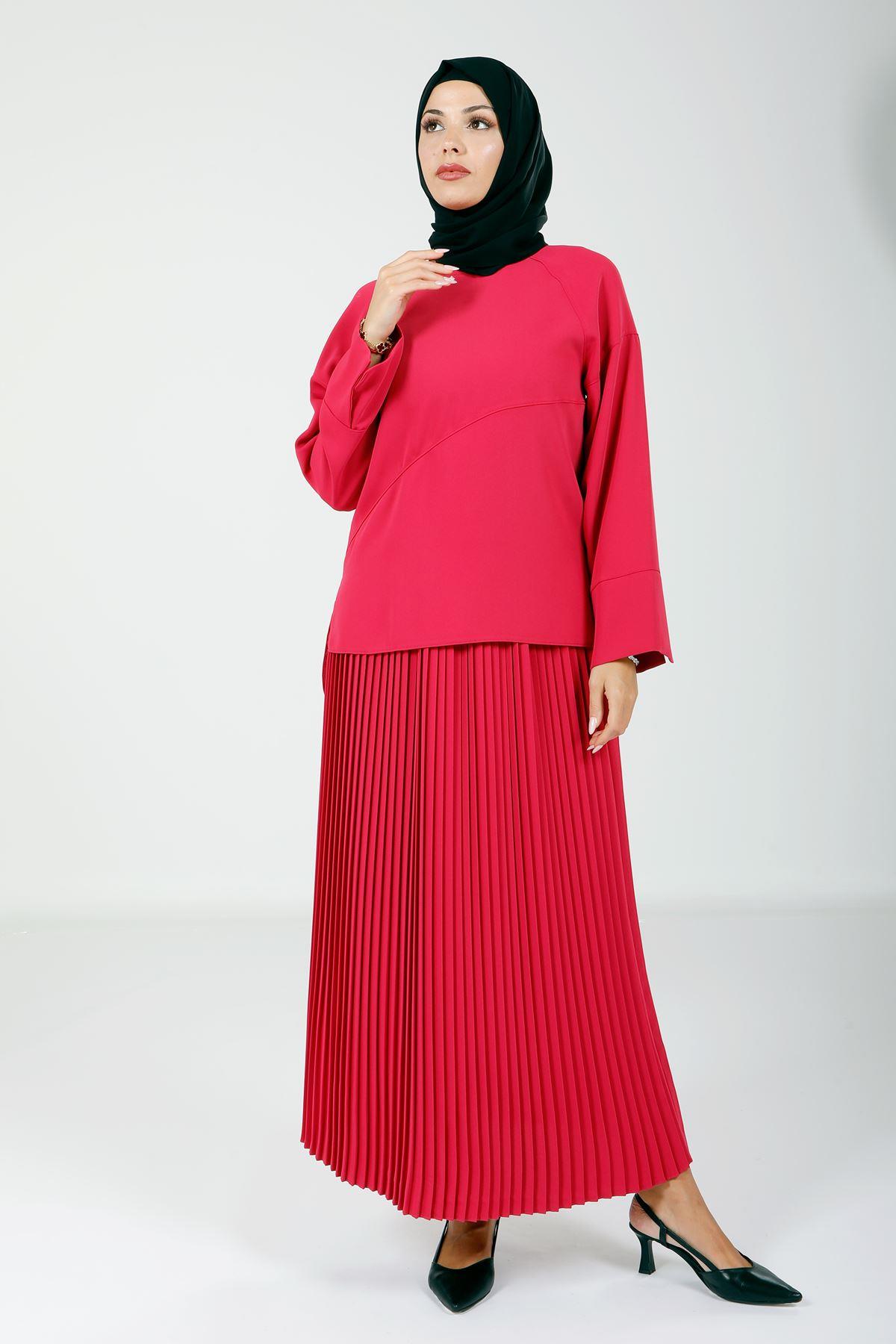 Beyza-4166 İKİLİ TAKIM BLUZ ETEK FUŞYA