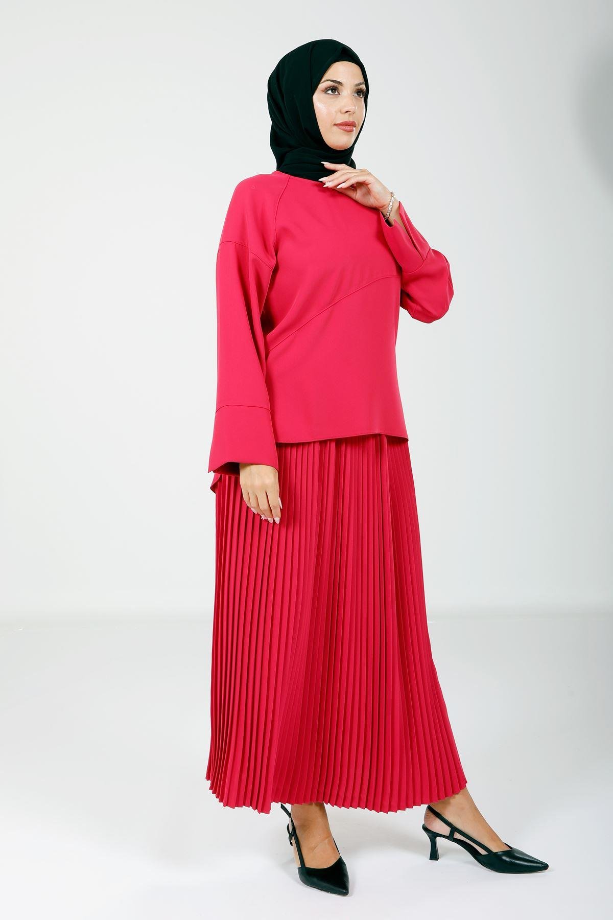 Beyza-4166 İKİLİ TAKIM BLUZ ETEK FUŞYA