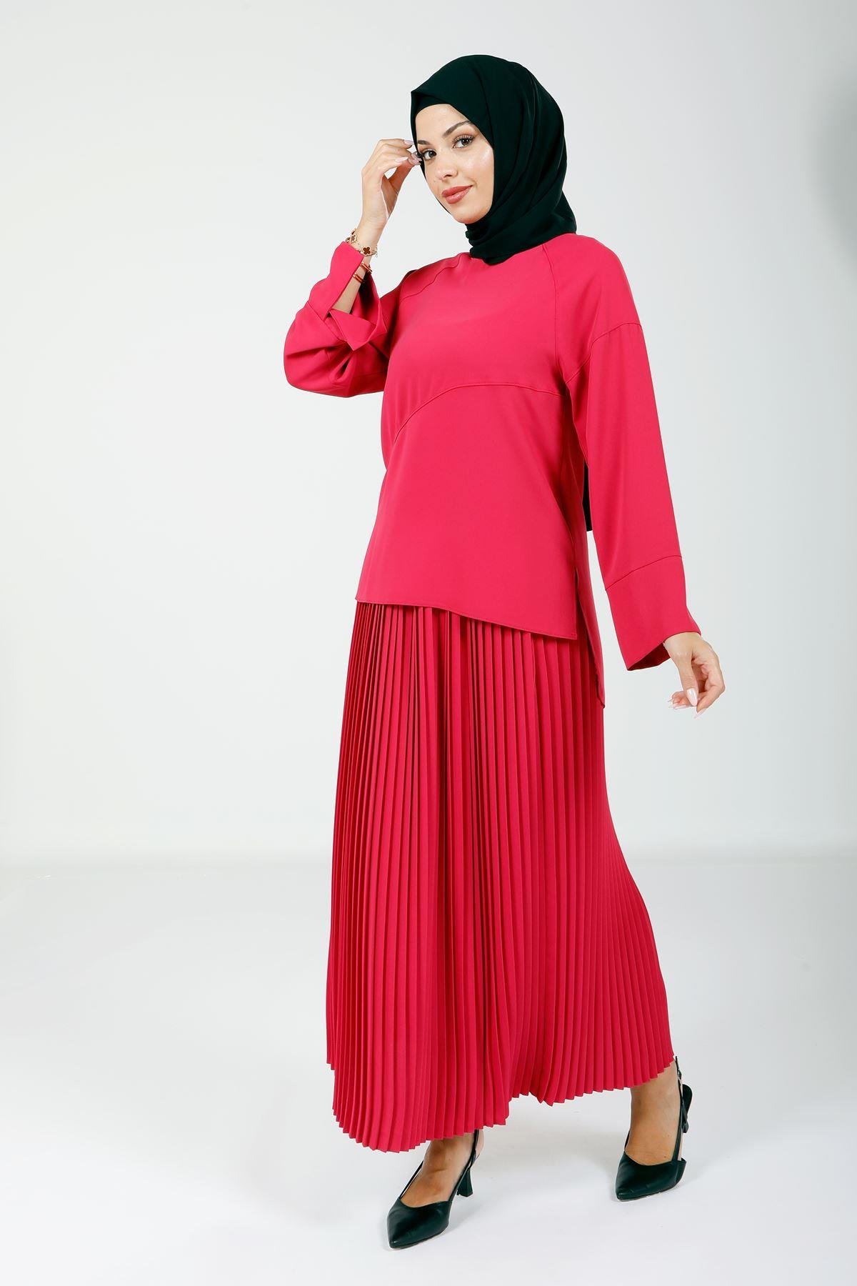 Beyza-4166 İKİLİ TAKIM BLUZ ETEK FUŞYA