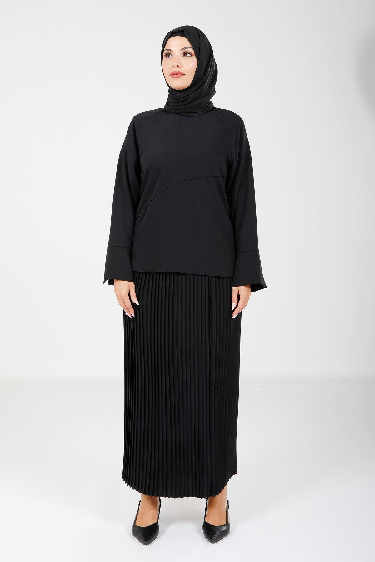 Beyza-4166 İKİLİ TAKIM BLUZ ETEK SİYAH