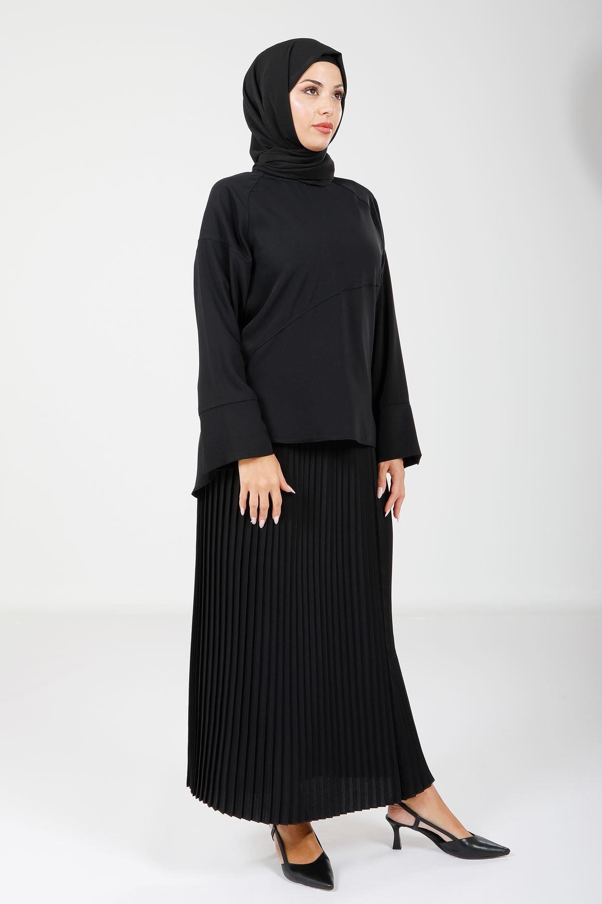 Beyza-4166 İKİLİ TAKIM BLUZ ETEK SİYAH