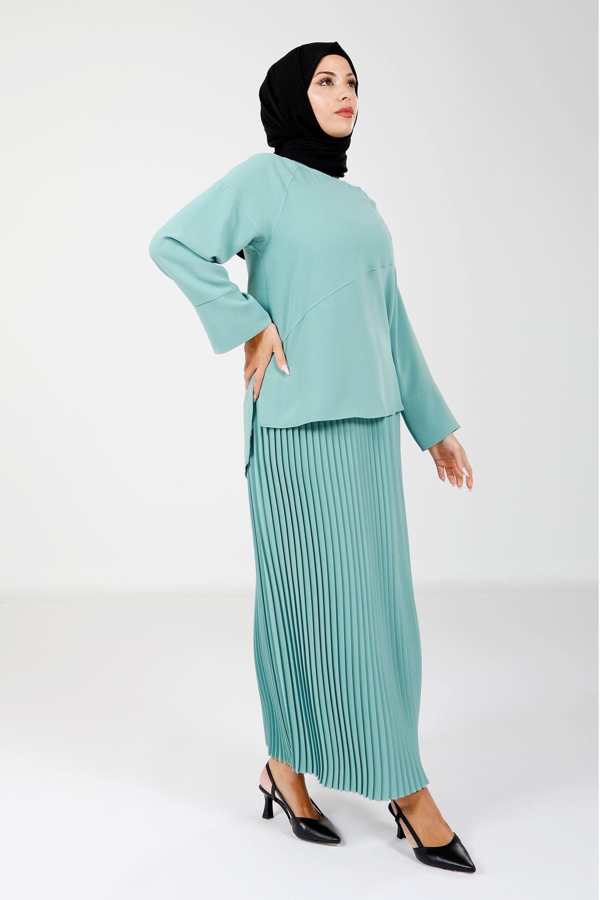 Beyza-4166 İKİLİ TAKIM BLUZ ETEK YEŞİL