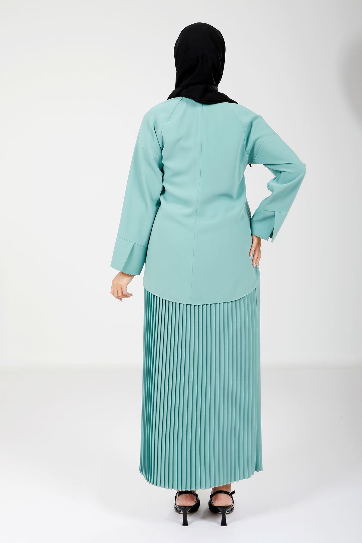 Beyza-4166 İKİLİ TAKIM BLUZ ETEK YEŞİL