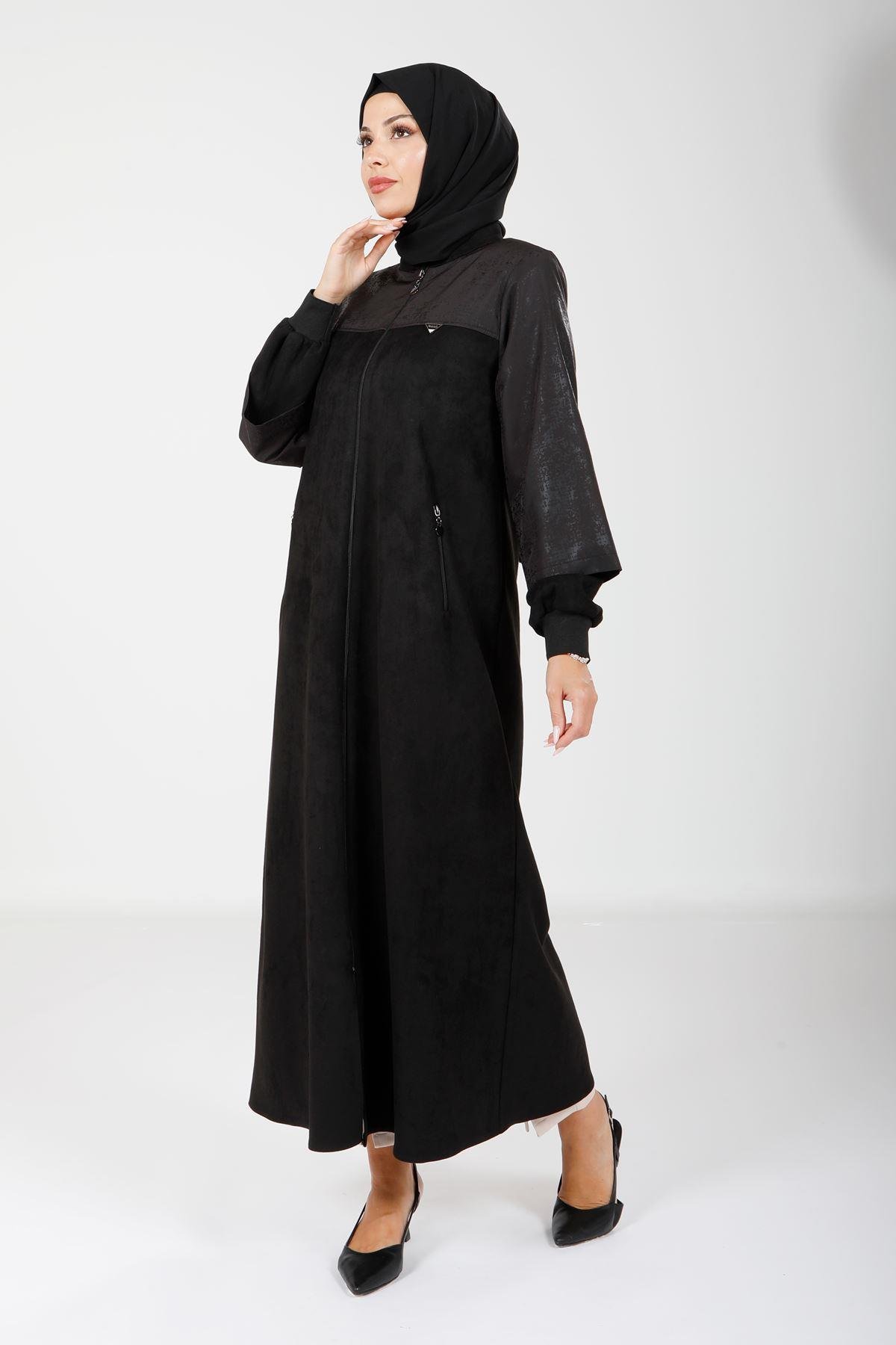 Beyza-Beyza Fermuarlı Cepli Süet Siyah Ferace 9129