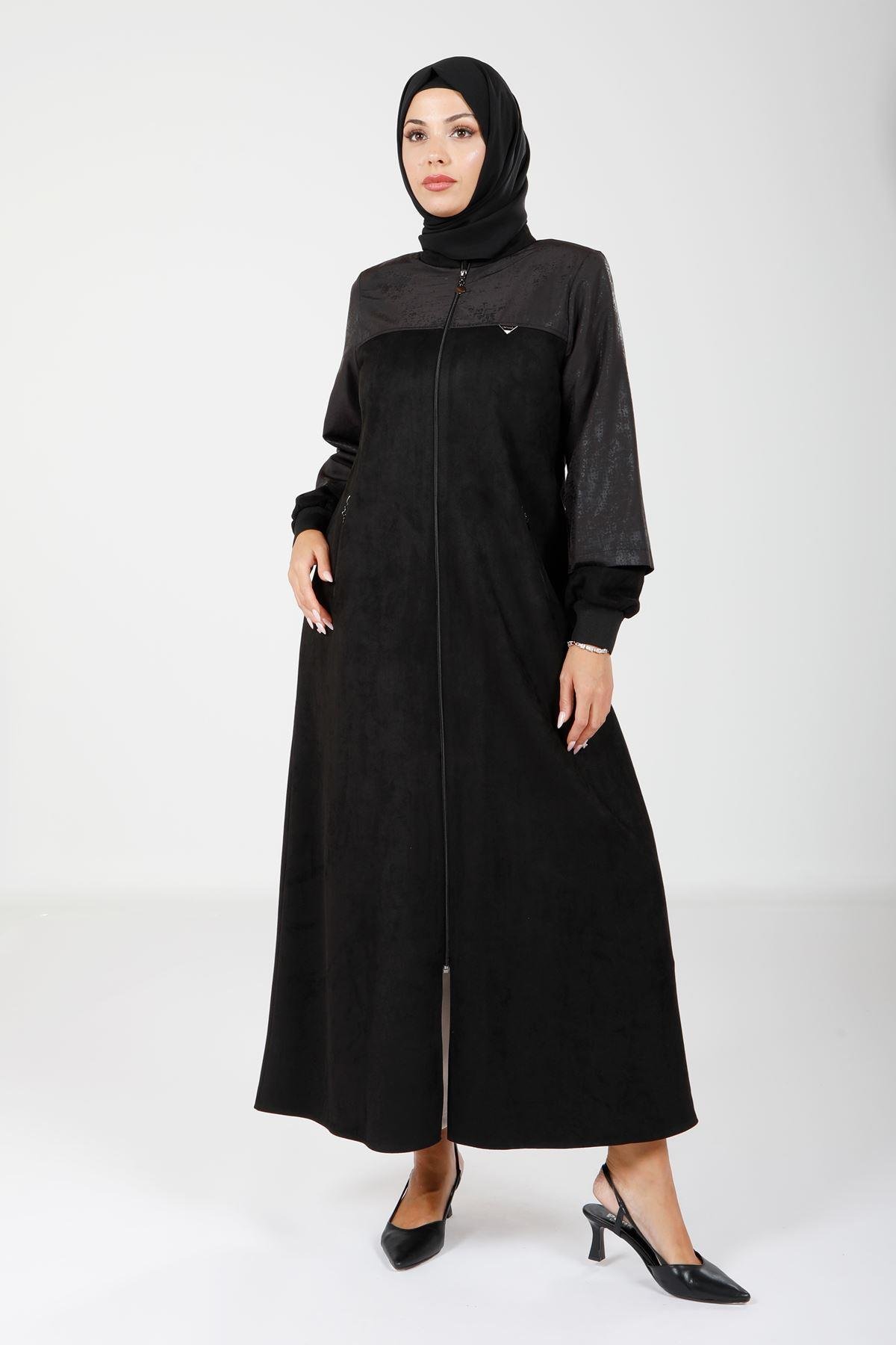 Beyza-Beyza Fermuarlı Cepli Süet Siyah Ferace 9129