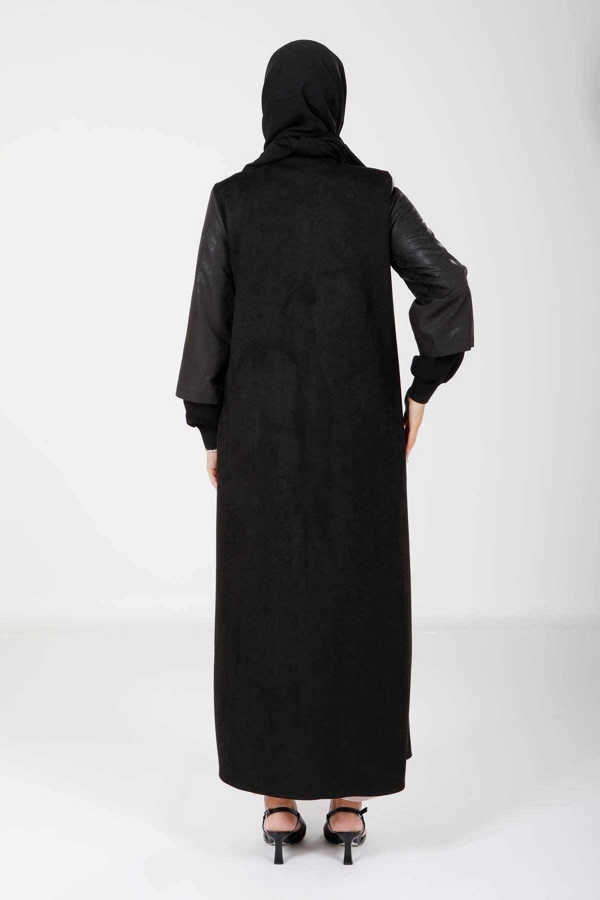 Beyza-Beyza Fermuarlı Cepli Süet Siyah Ferace 9129