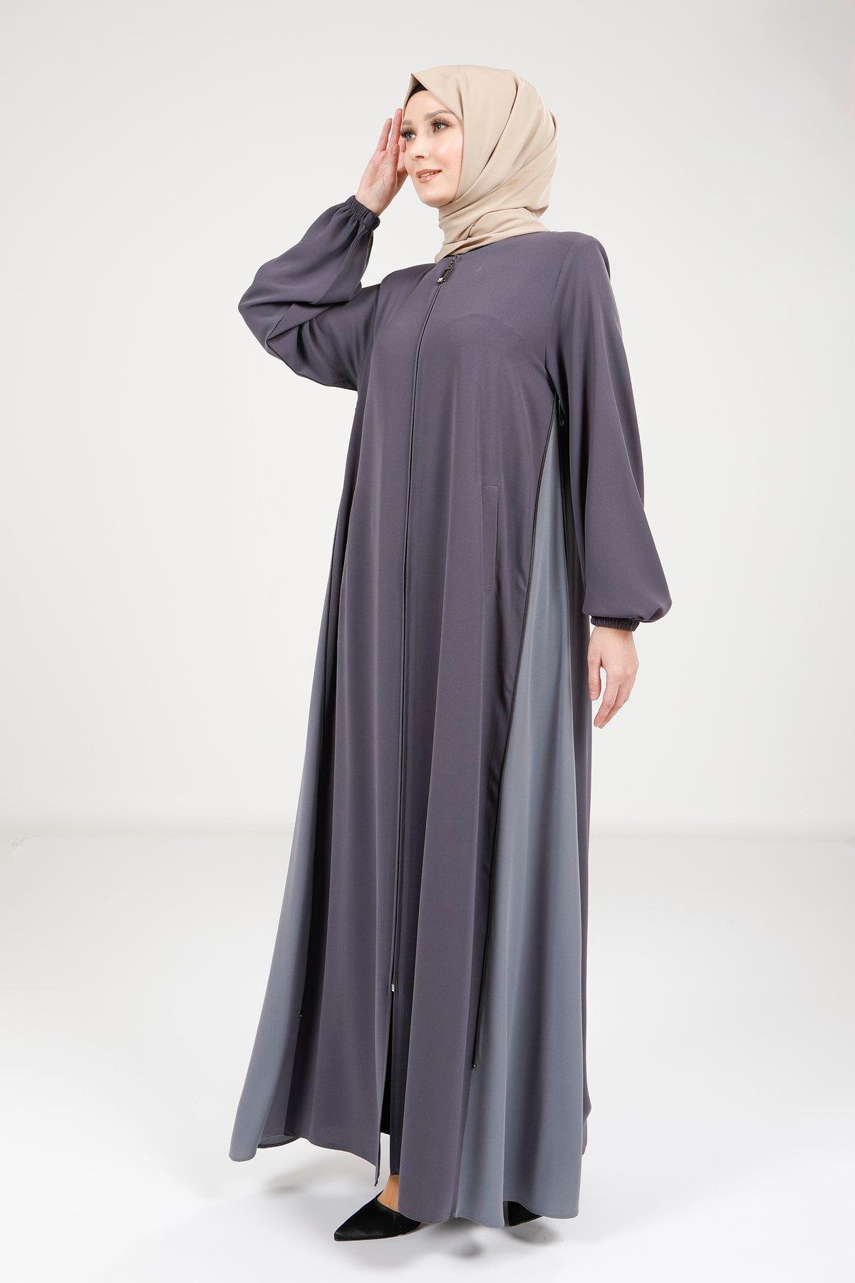 Beyza-Beyza Fermuarlı Çift Renk Füme Ferace 9326