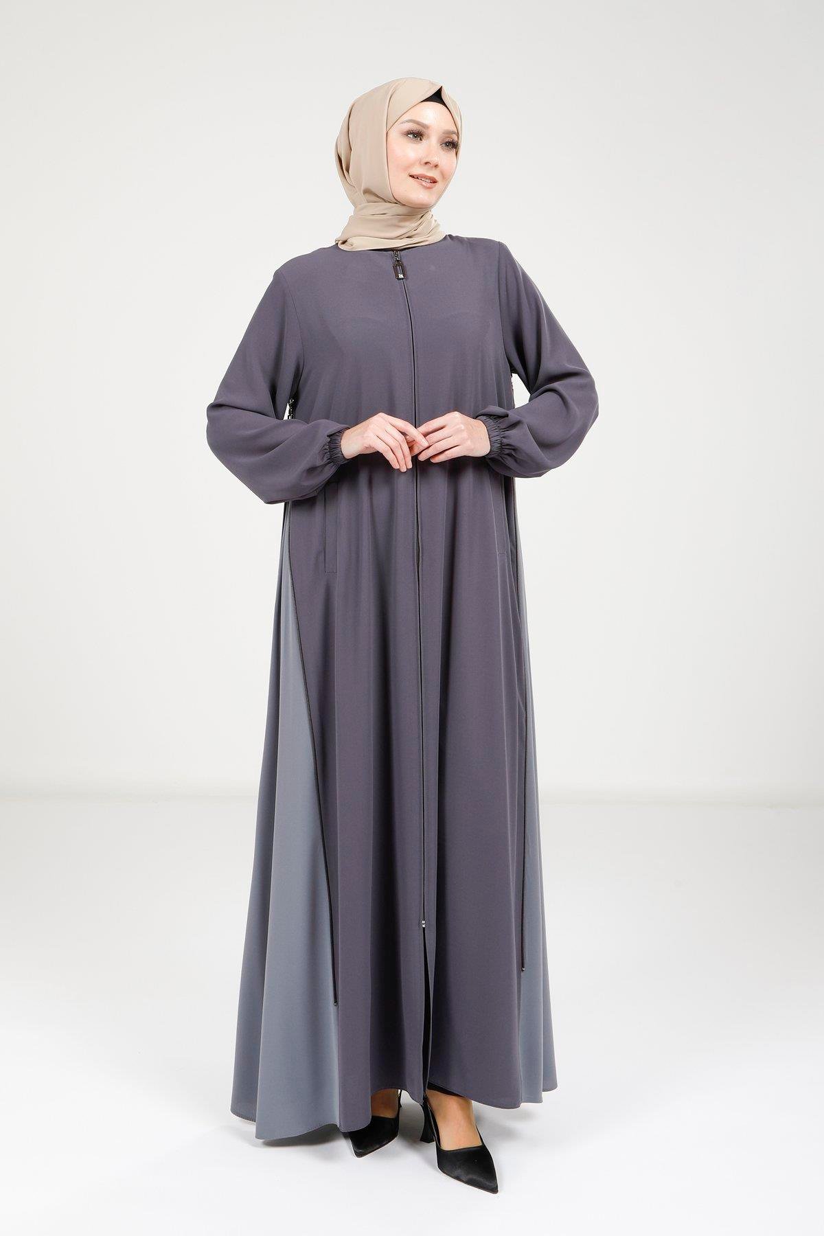 Beyza-Beyza Fermuarlı Çift Renk Füme Ferace 9326