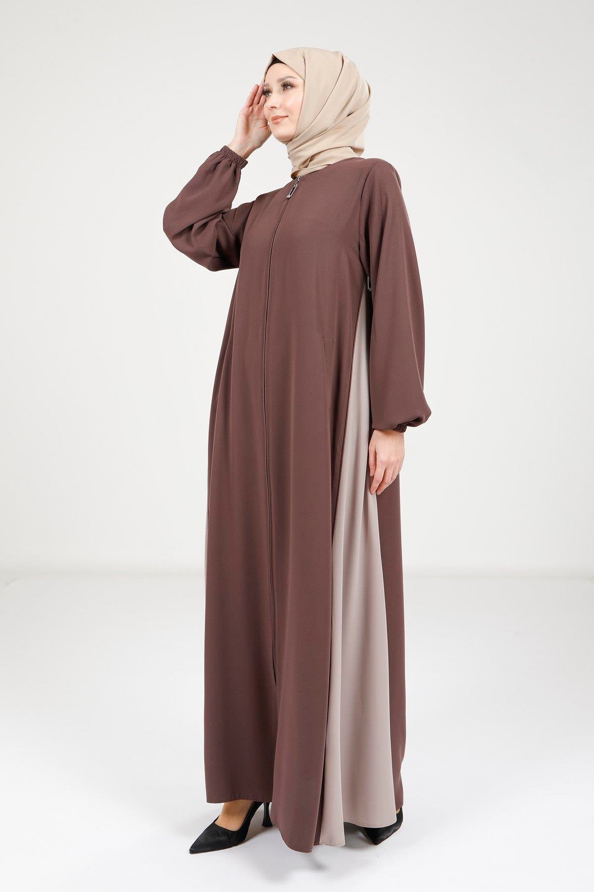 Beyza-Beyza Fermuarlı Çift Renk Kahve Ferace 9326