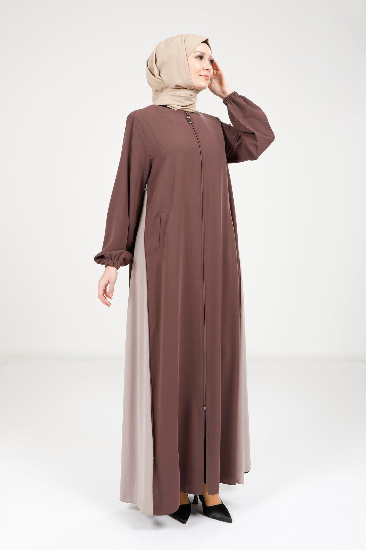 Beyza-Beyza Fermuarlı Çift Renk Kahve Ferace 9326