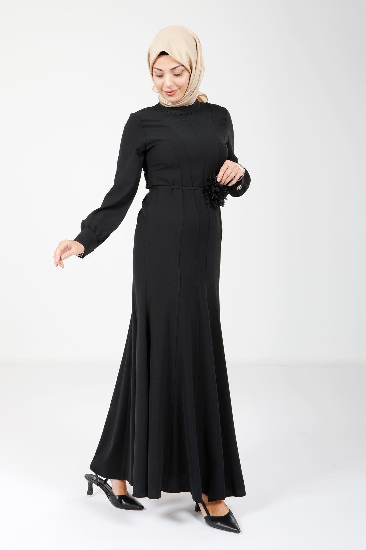 Beyza-9075 ELBİSE GÜLLÜ KLOŞ SİYAH