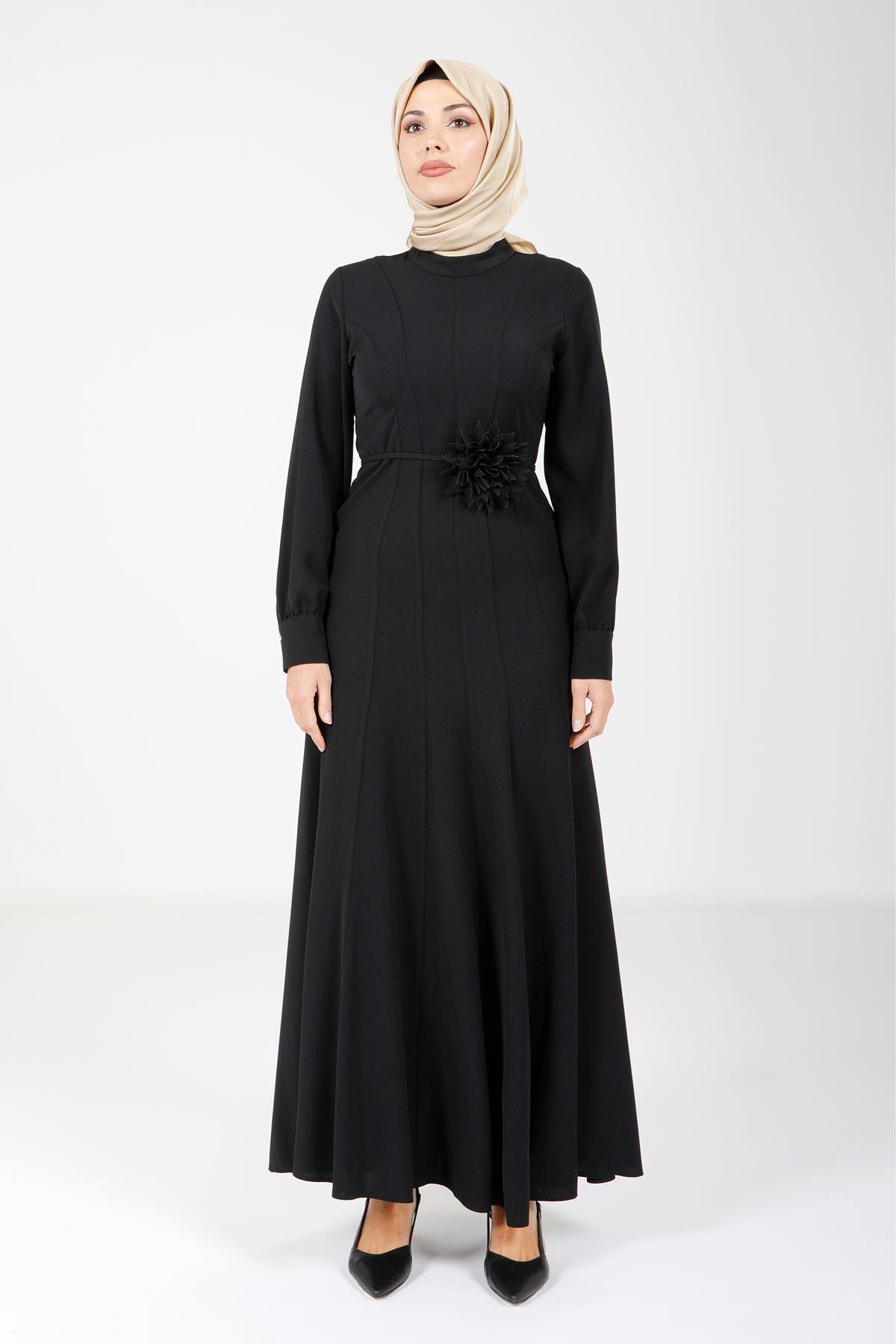 Beyza-9075 ELBİSE GÜLLÜ KLOŞ SİYAH