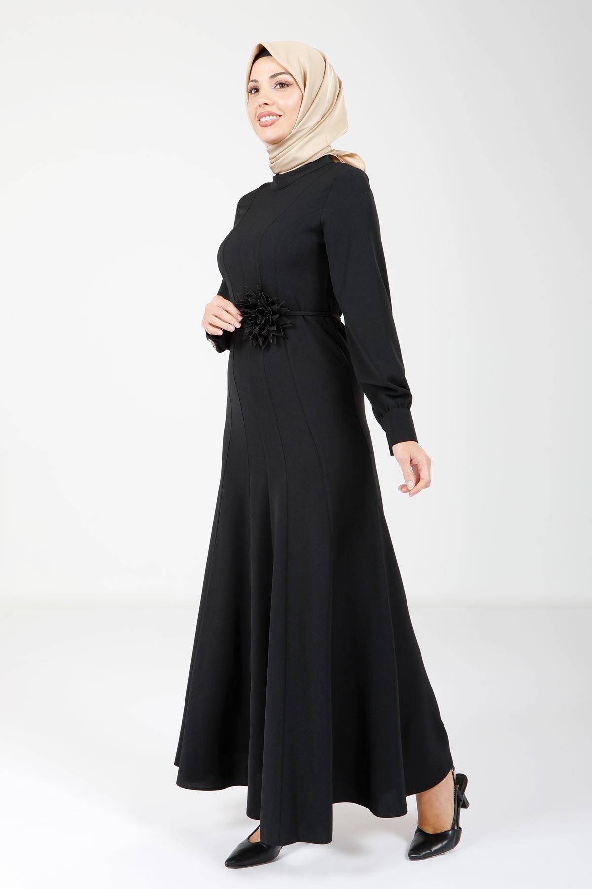Beyza-9075 ELBİSE GÜLLÜ KLOŞ SİYAH