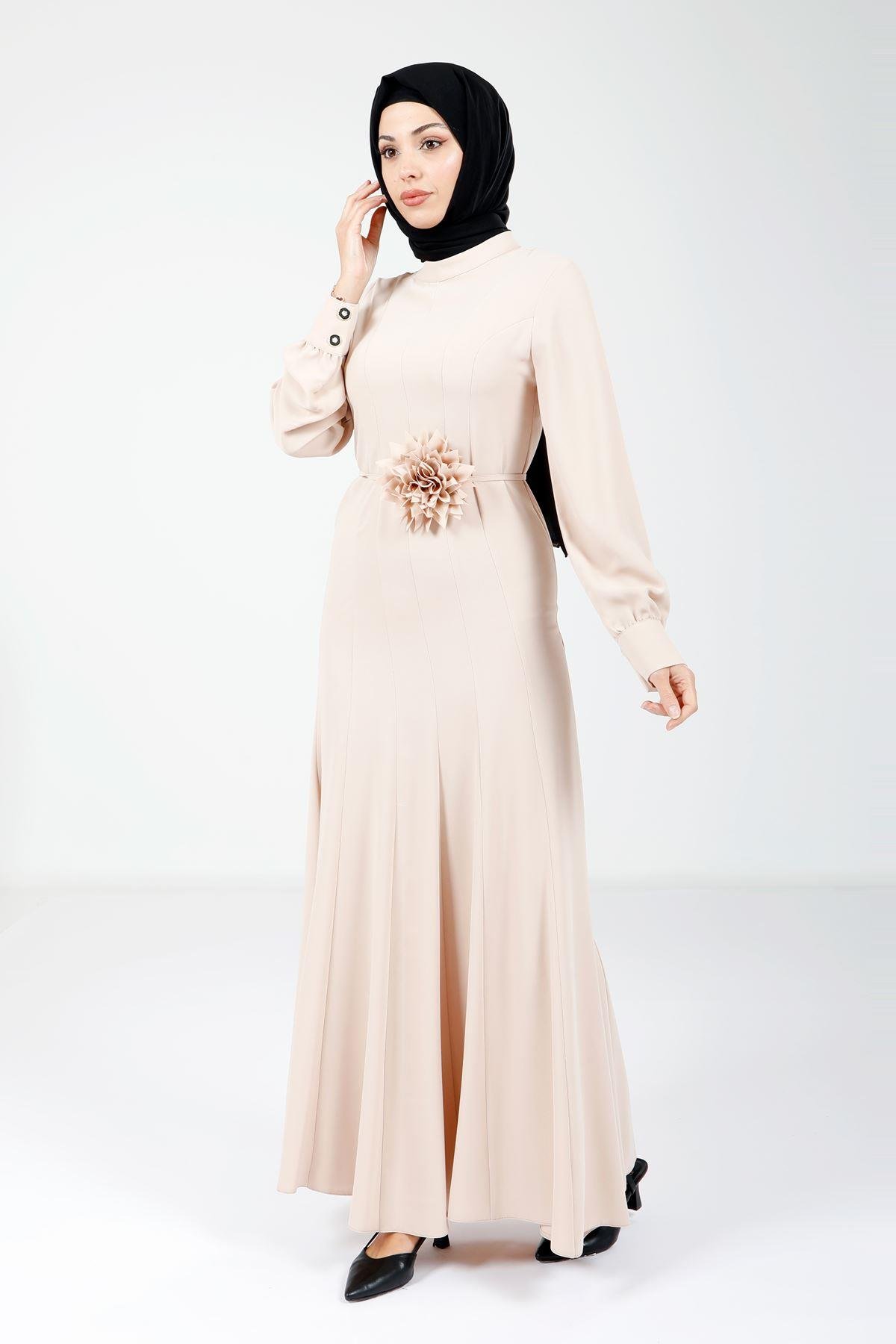 Beyza-9075 ELBİSE GÜLLÜ KLOŞ VİZON