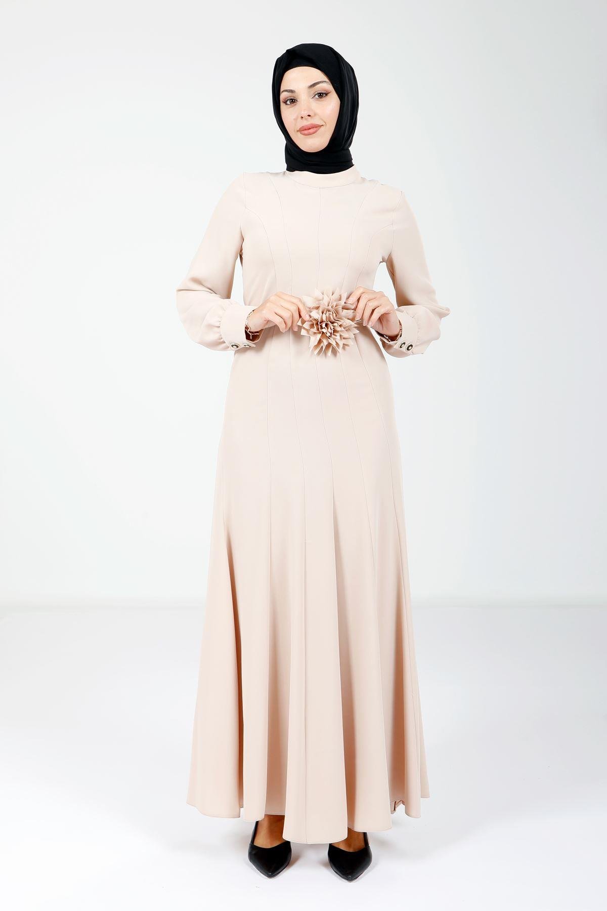Beyza-9075 ELBİSE GÜLLÜ KLOŞ VİZON