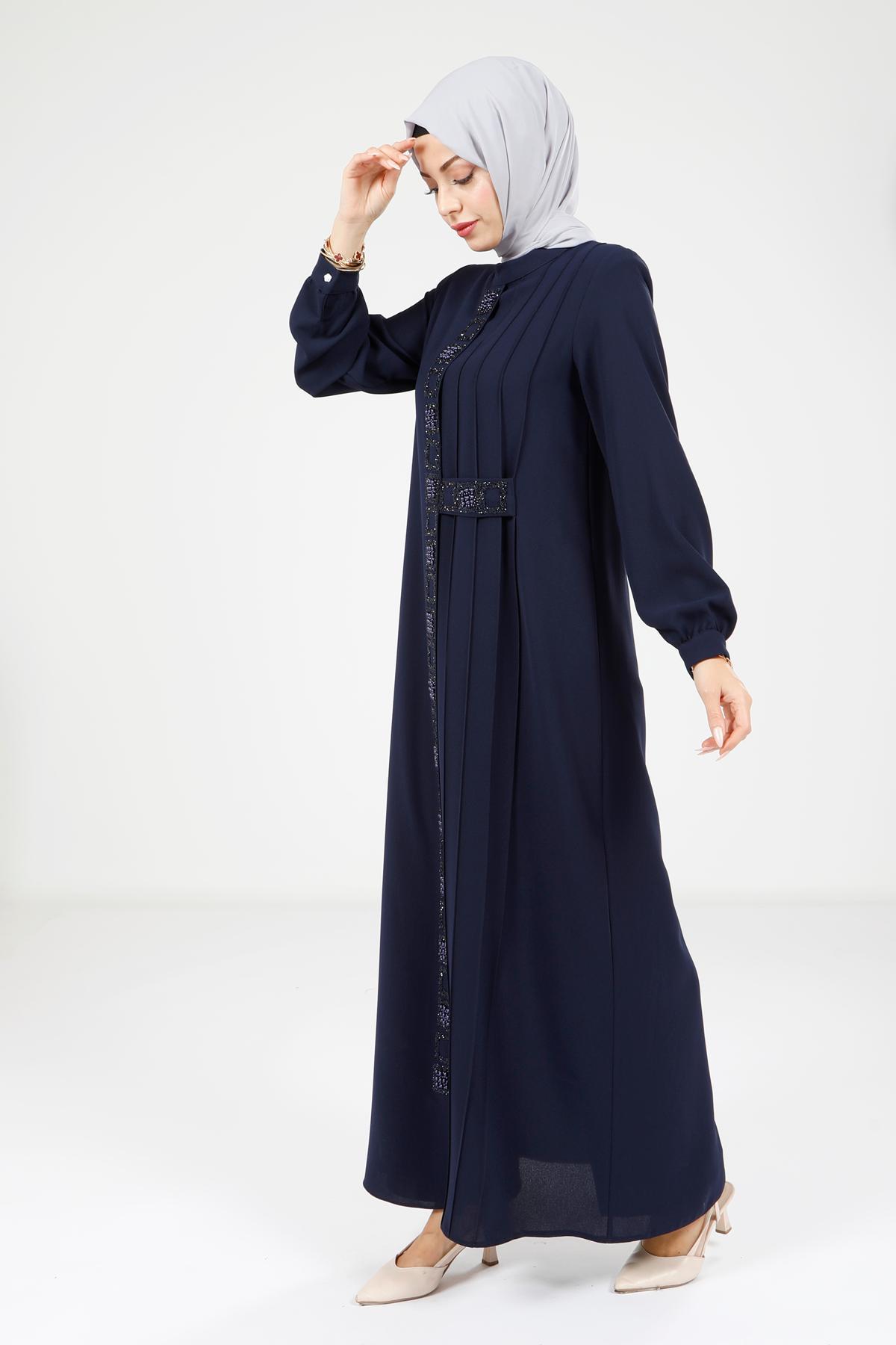 Beyza-5681 ELBİSE KARE TAŞLI LACİVERT